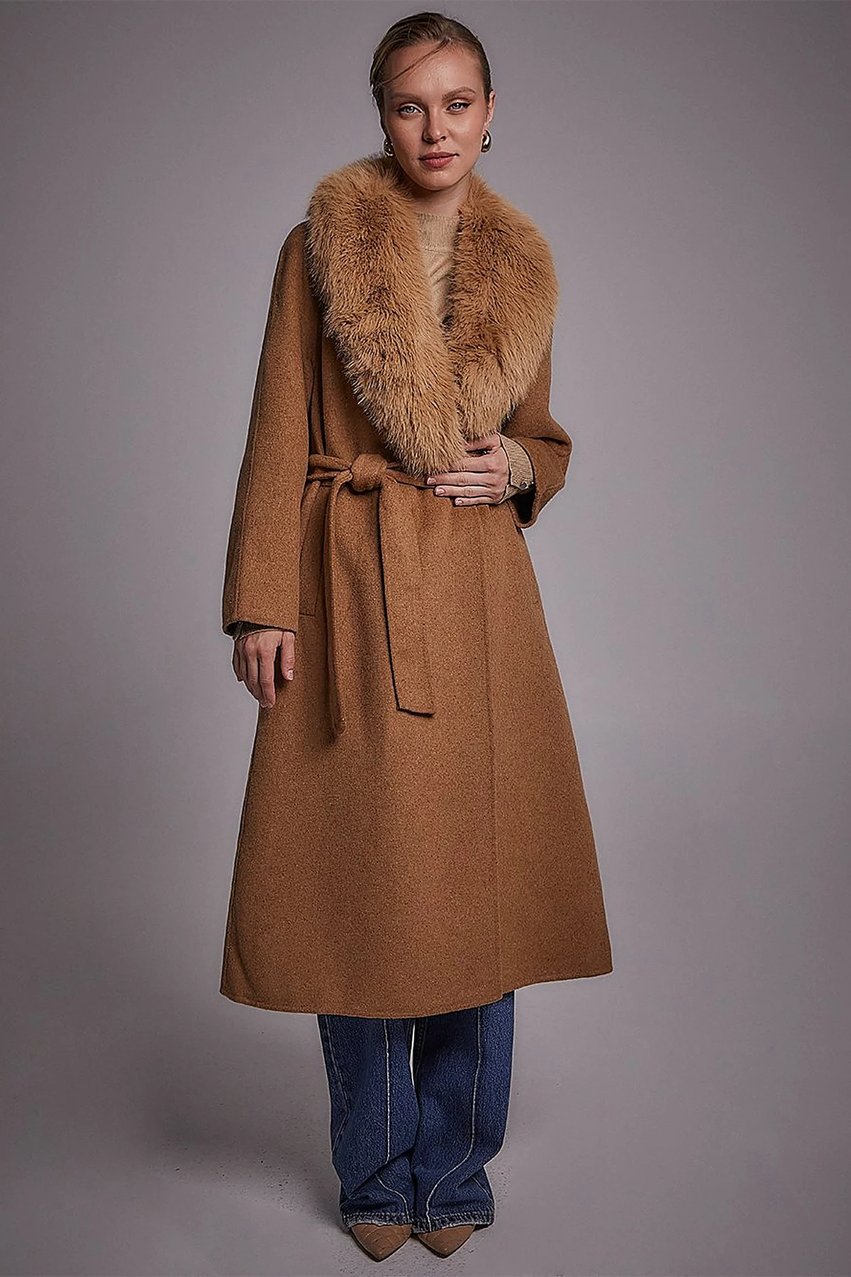 Premium Yün Kürklü Kaban Camel