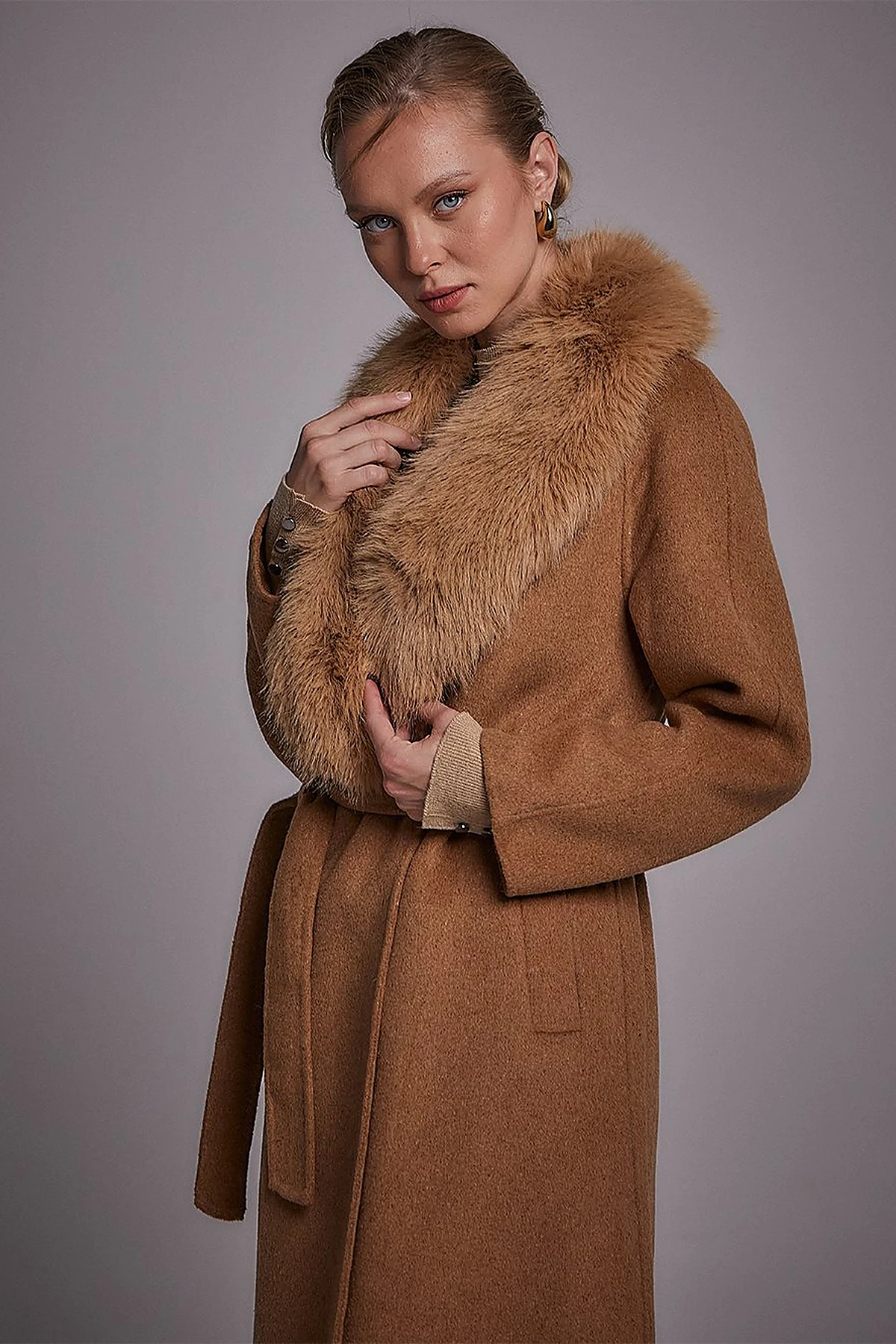 Premium Yün Kürklü Kaban Camel