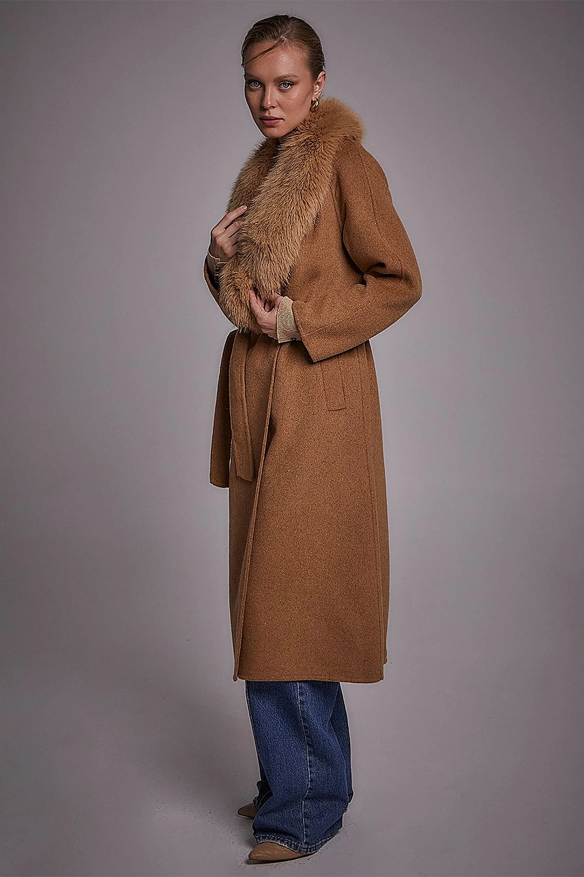 Premium Yün Kürklü Kaban Camel