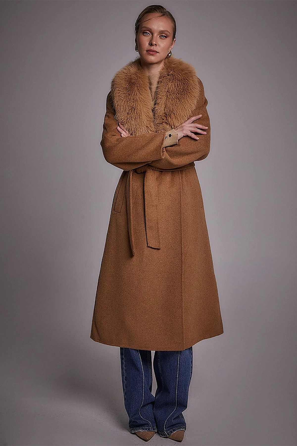 Premium Yün Kürklü Kaban Camel