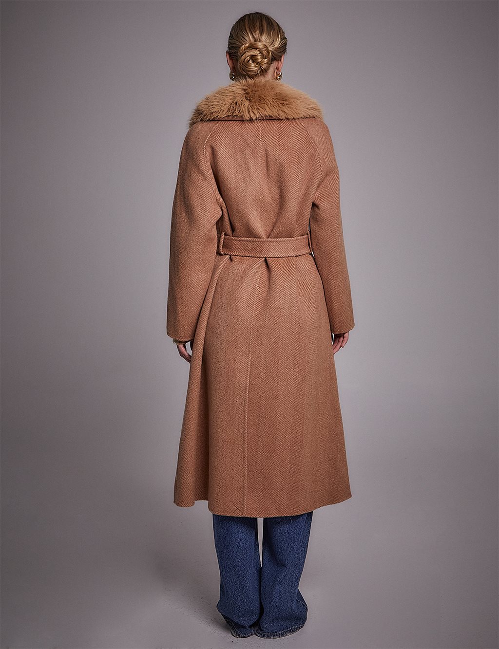 Premium Alpaca Wool Fur-Trimmed Herringbone Pattern Coat Camel