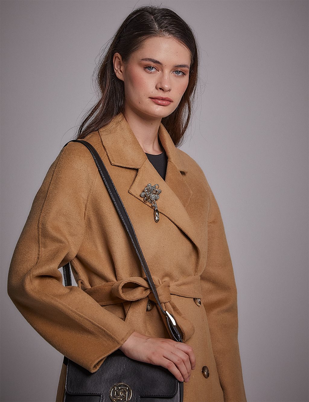 Premium Yün Belted Coat Camel