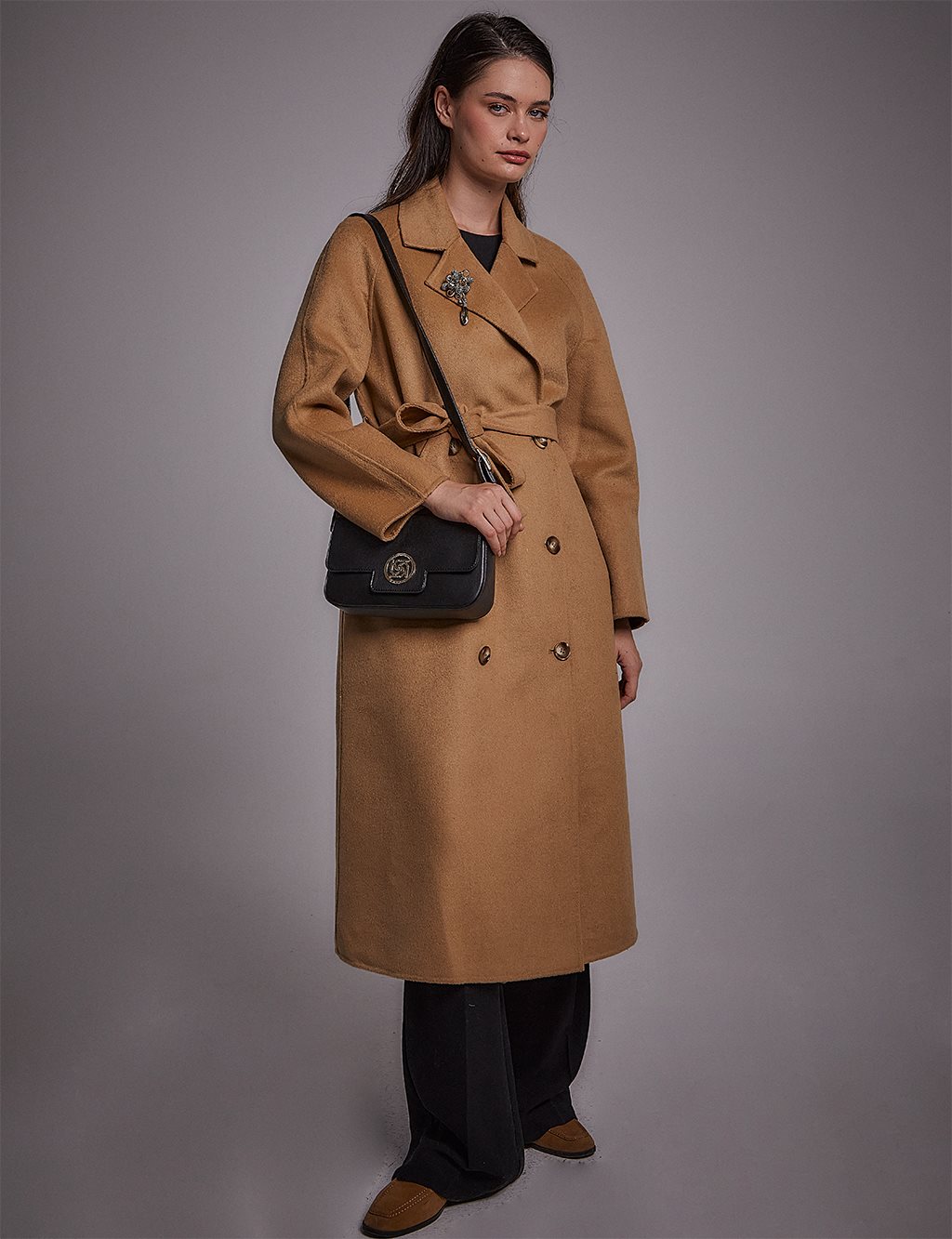 Premium Yün Belted Coat Camel