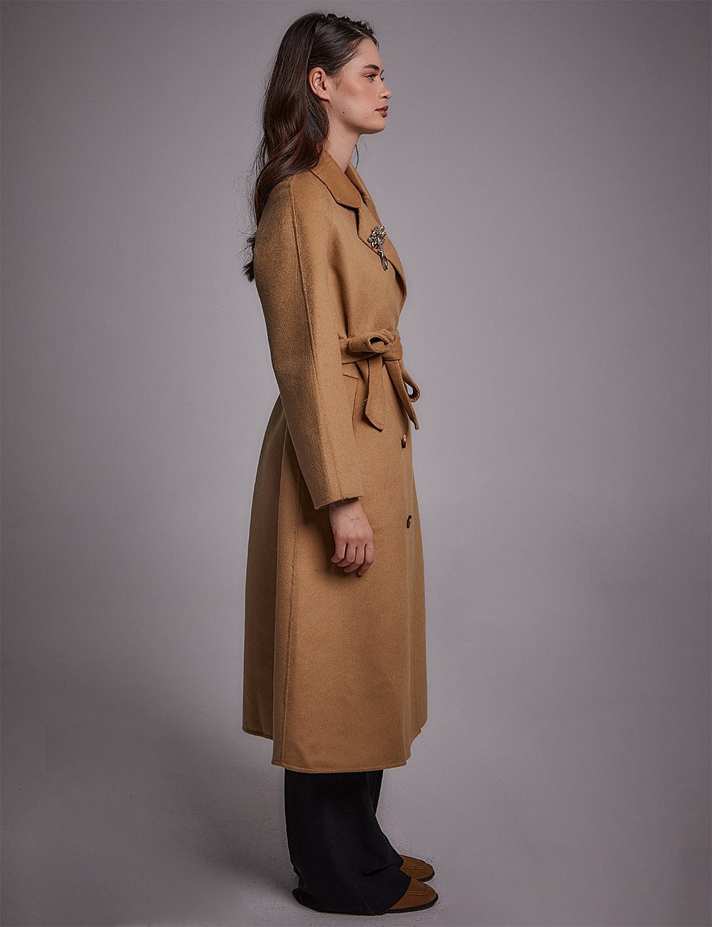 Premium Yün Belted Coat Camel