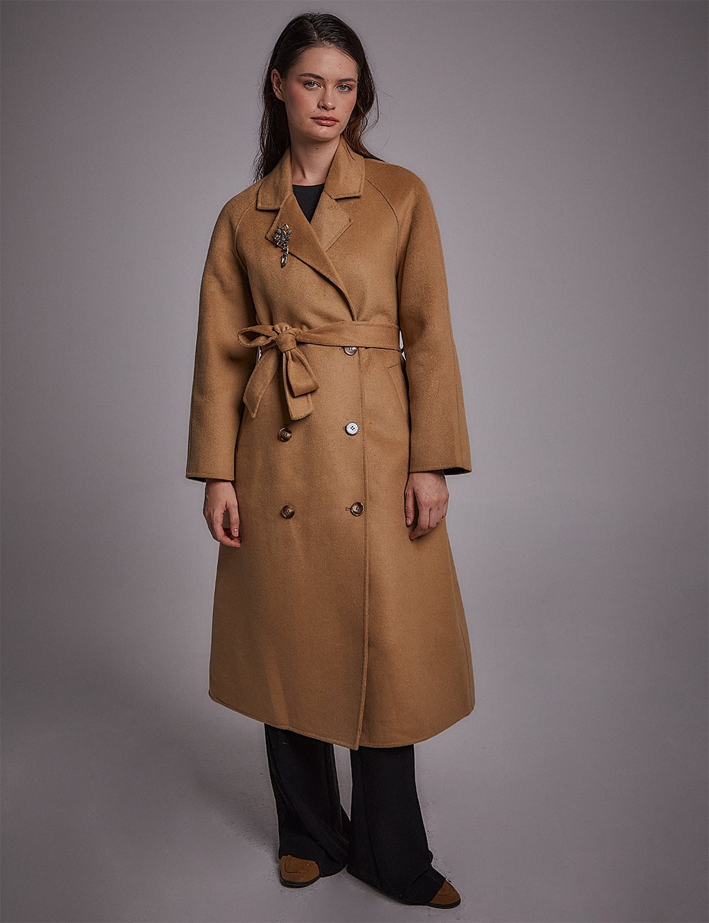 Premium Yün Belted Coat Camel