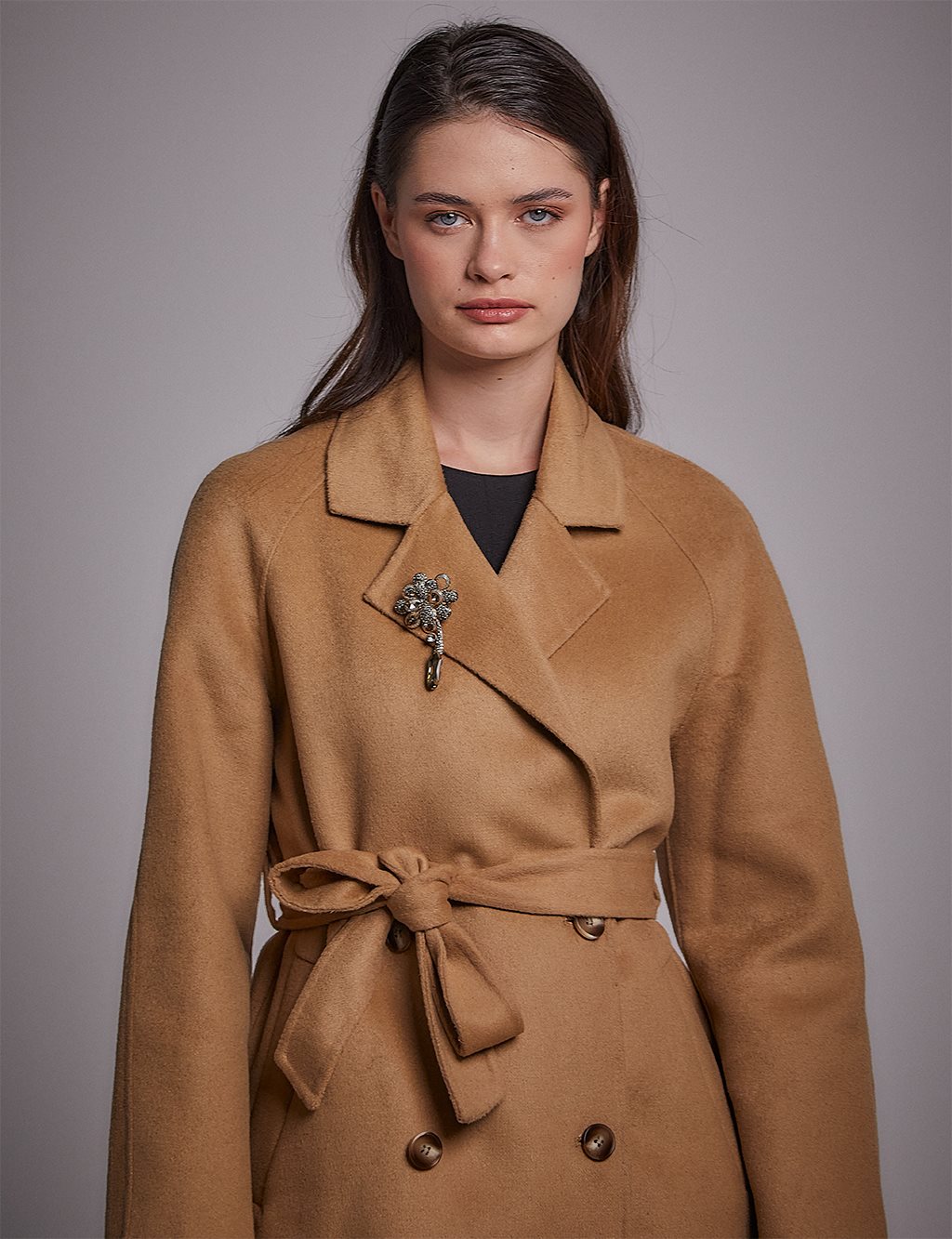 Premium Yün Belted Coat Camel