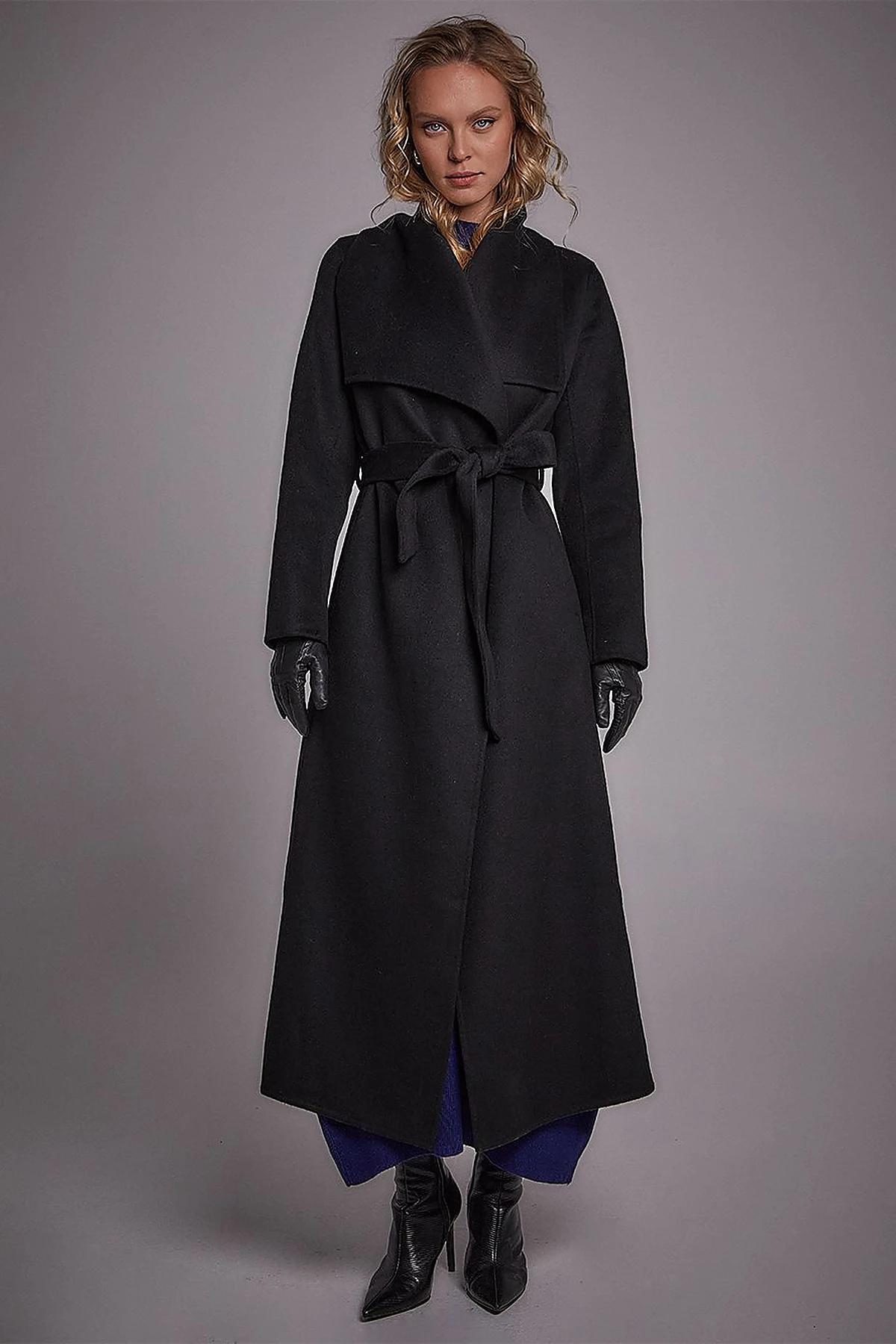 Premium Wool Wide Lapel Cashmere Coat Black