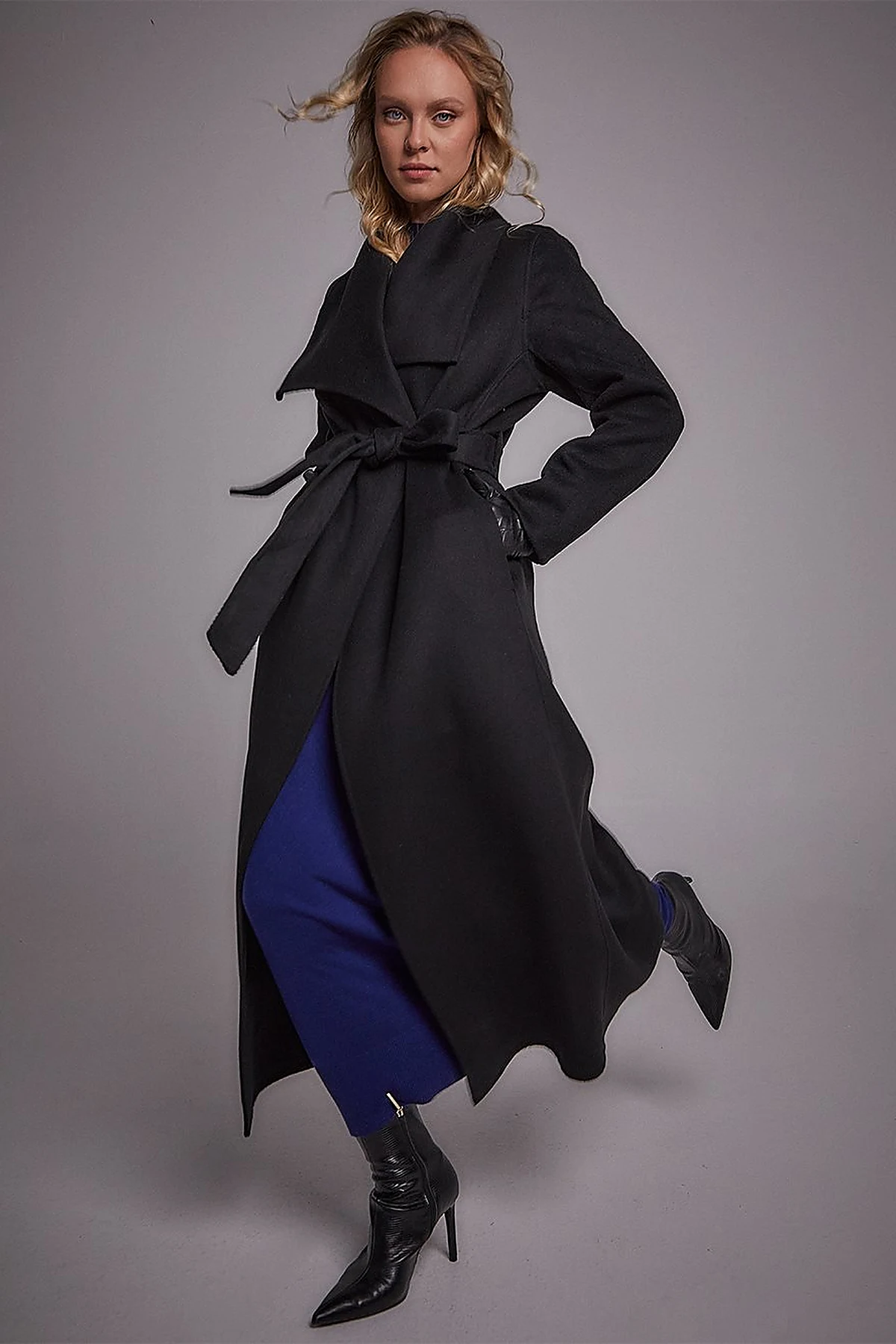 Premium Wool Wide Lapel Cashmere Coat Black