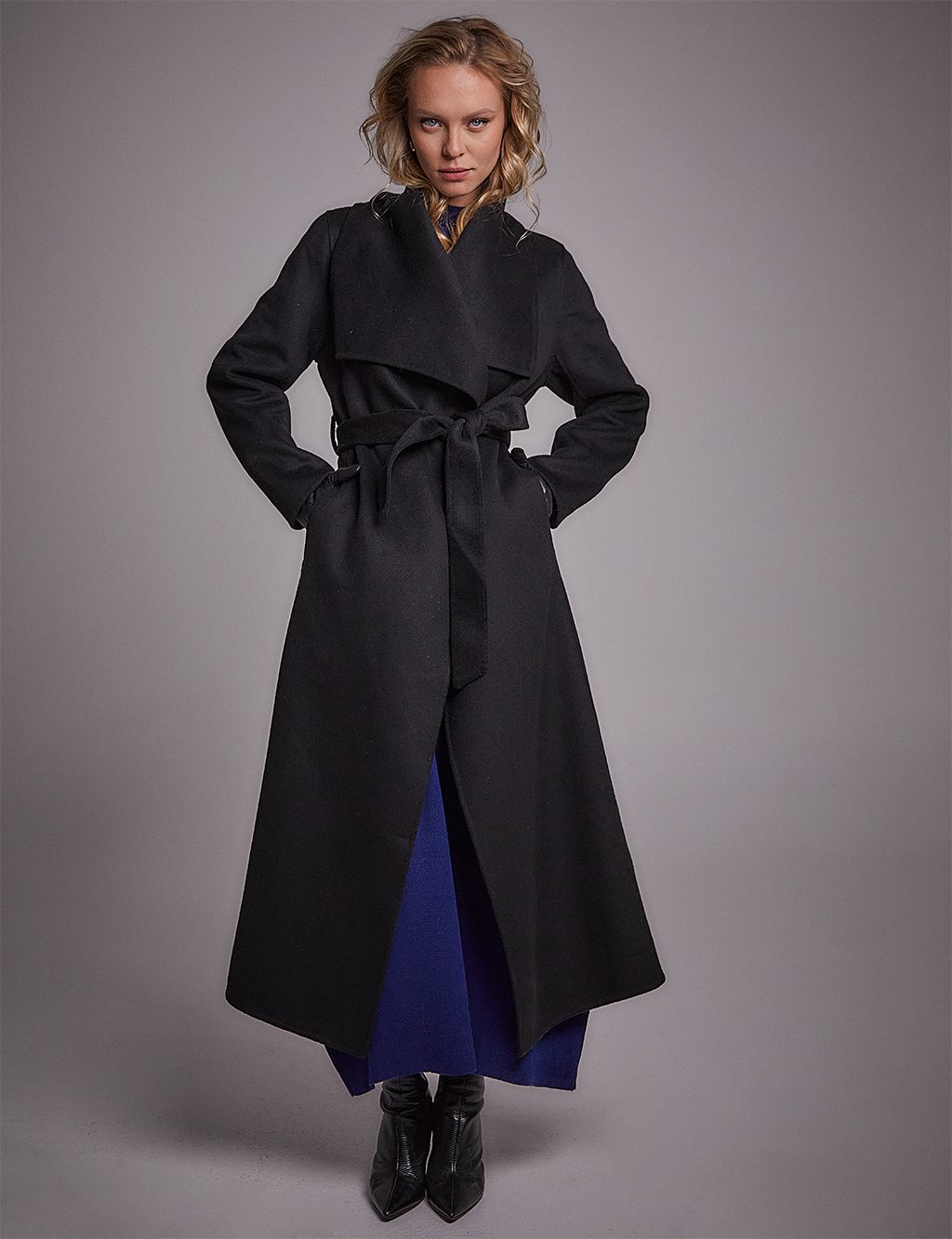 Premium Wool Wide Lapel Cashmere Coat Black