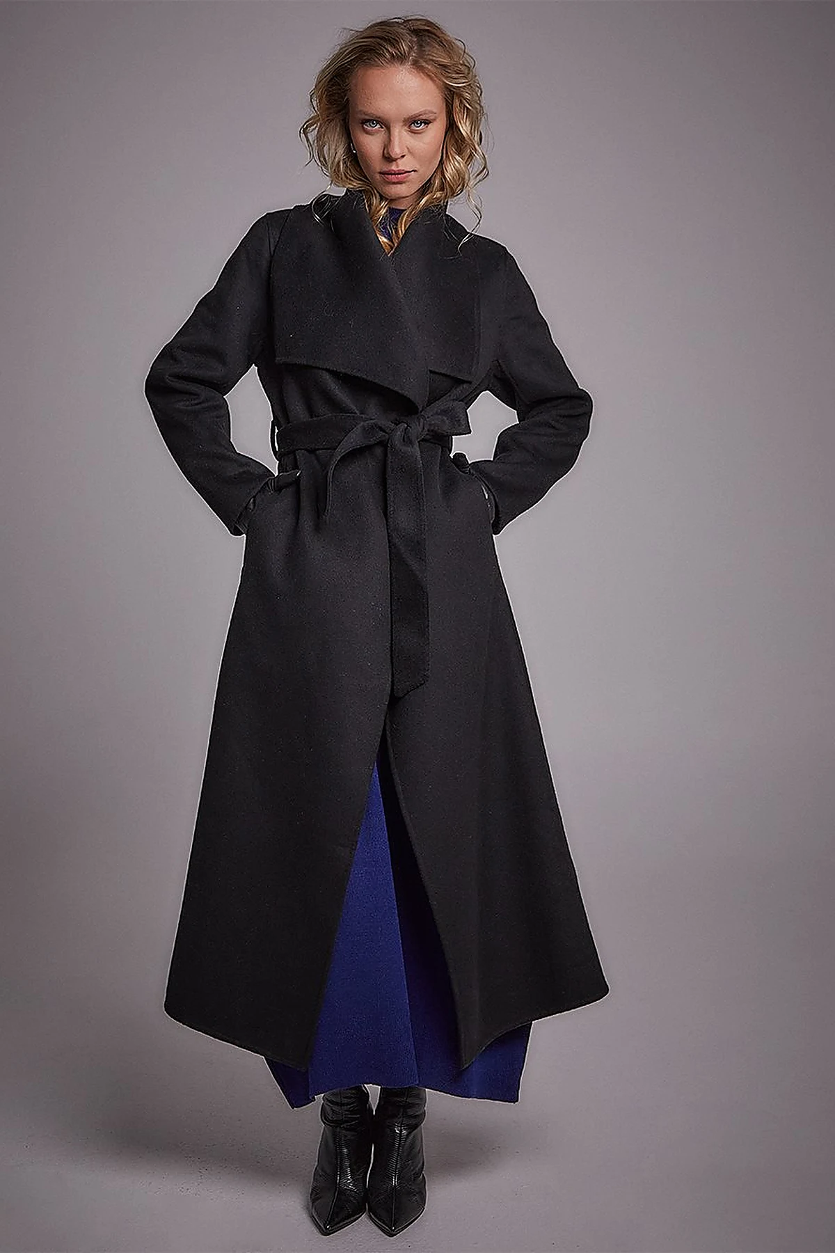 Premium Wool Wide Lapel Cashmere Coat Black