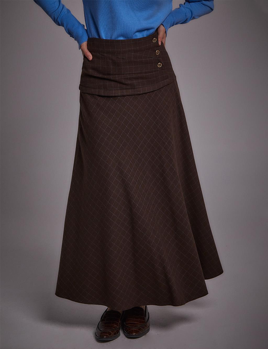 Checked A-Line Skirt Dark Brown