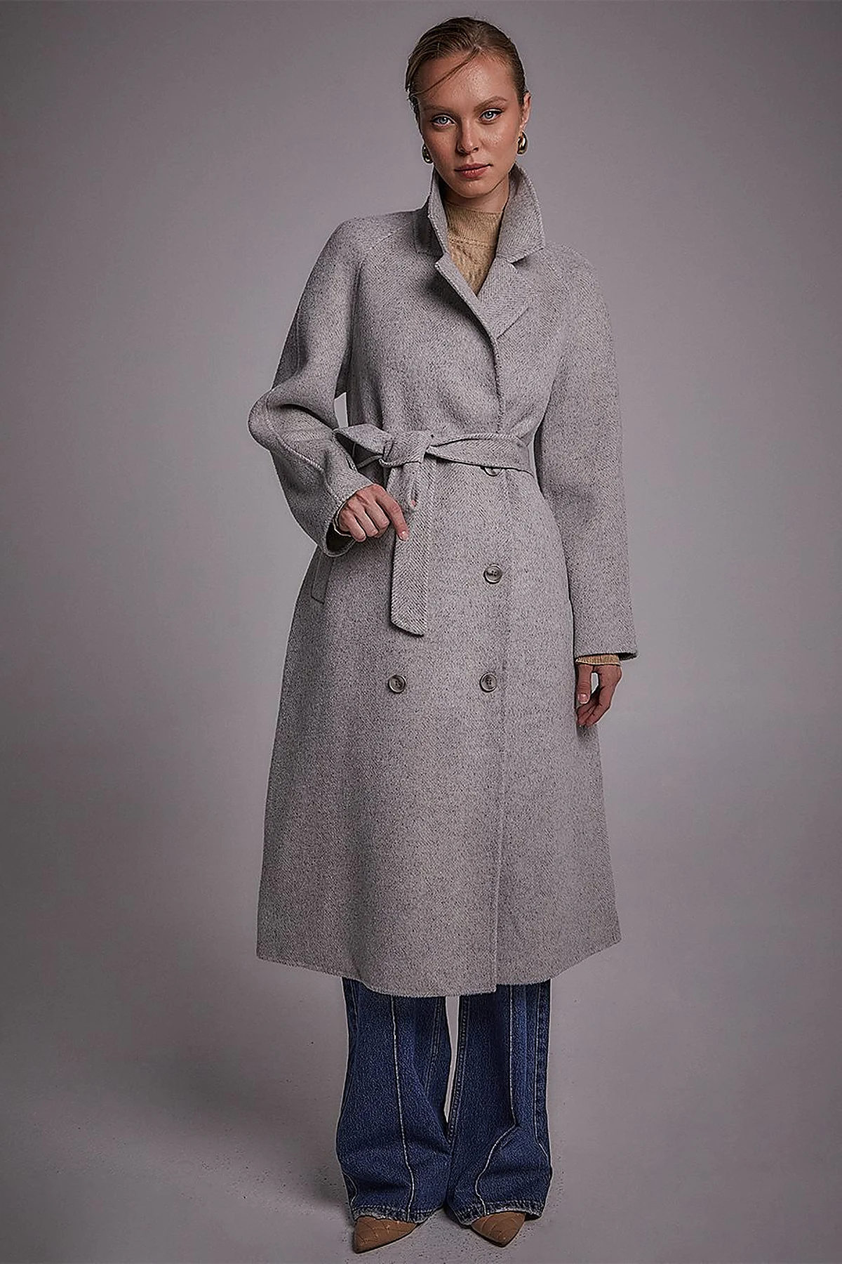 Premium Wool Raglan Sleeve Belted Coat Grey