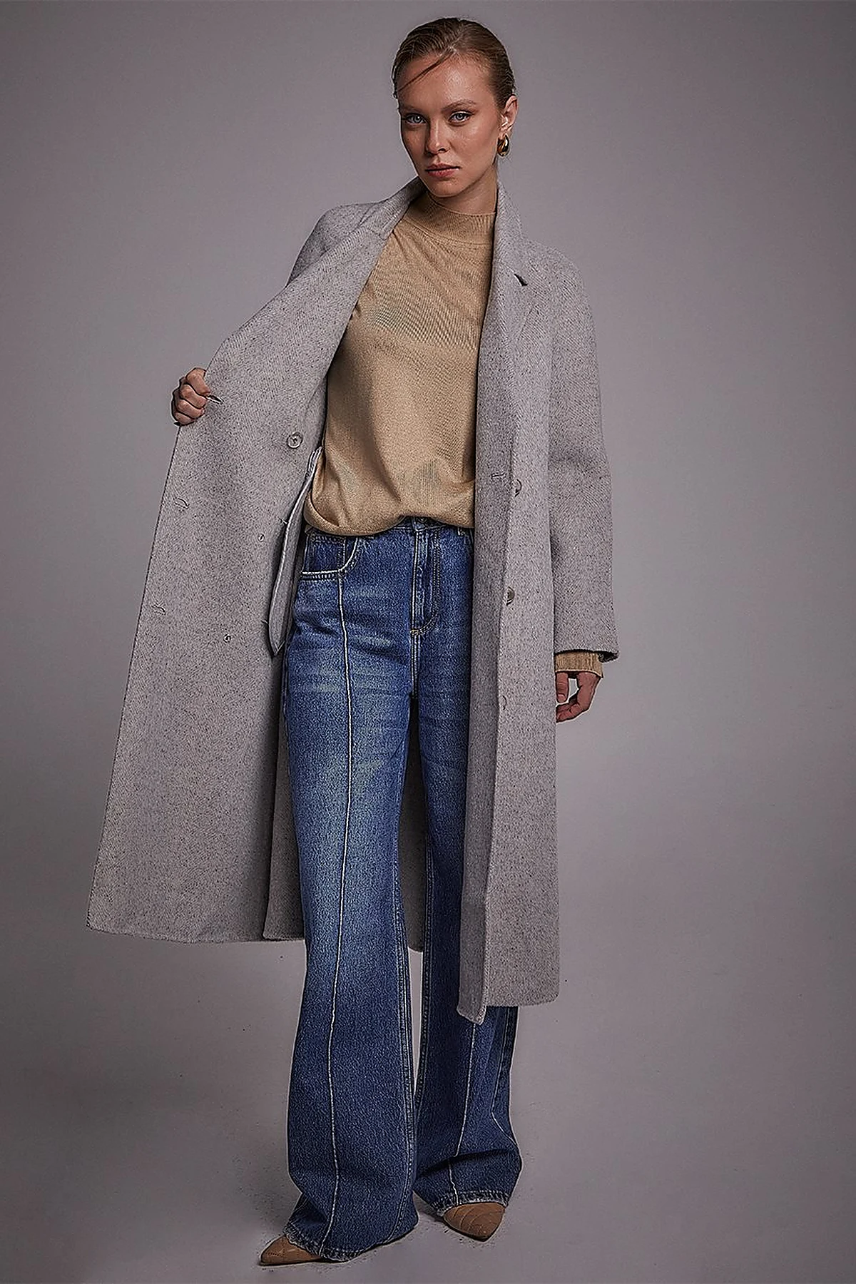 Premium Wool Raglan Sleeve Belted Coat Grey
