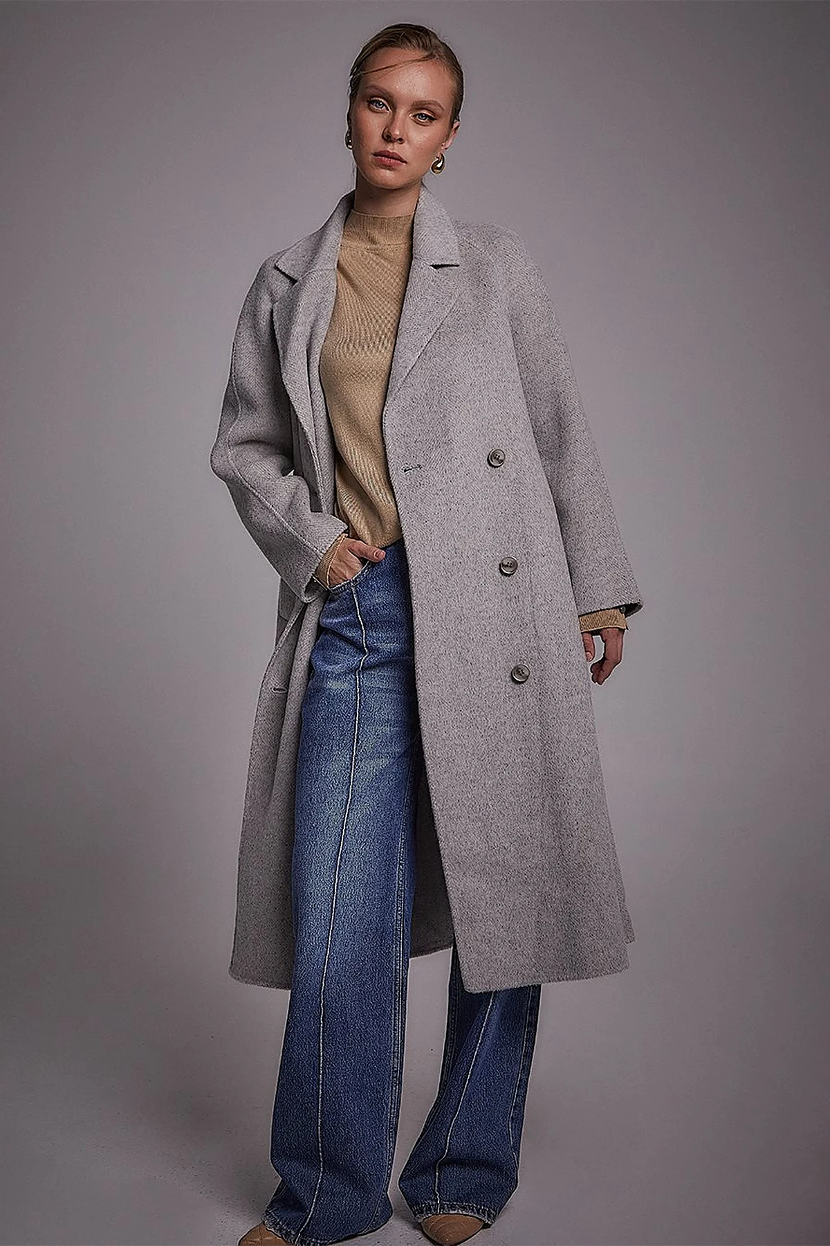 Premium Wool Raglan Sleeve Belted Coat Grey