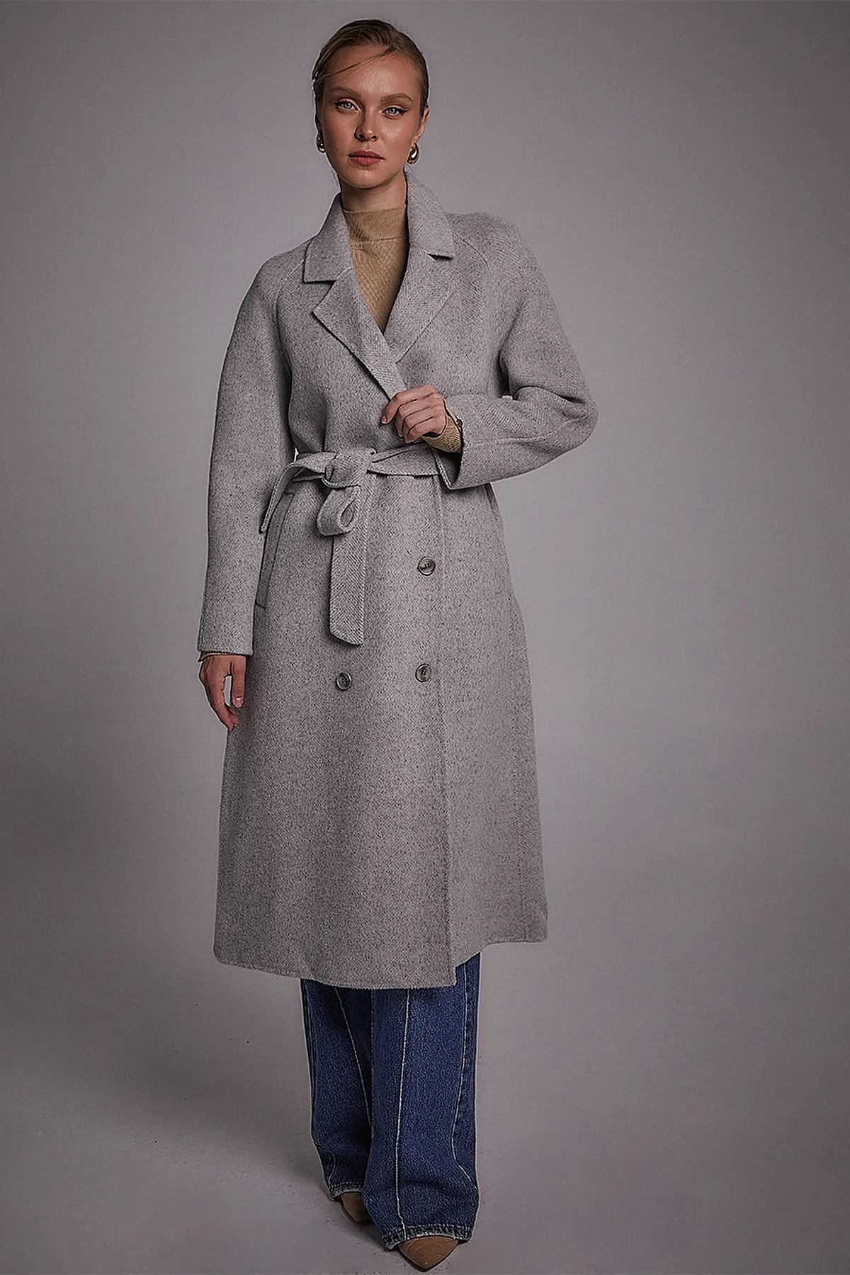 Premium Wool Raglan Sleeve Belted Coat Grey