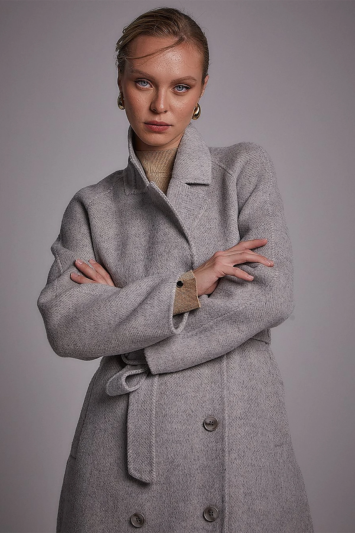 Premium Wool Raglan Sleeve Belted Coat Grey