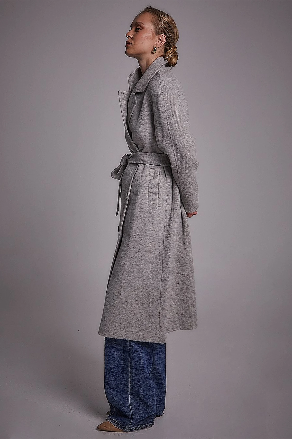 Premium Wool Raglan Sleeve Belted Coat Grey