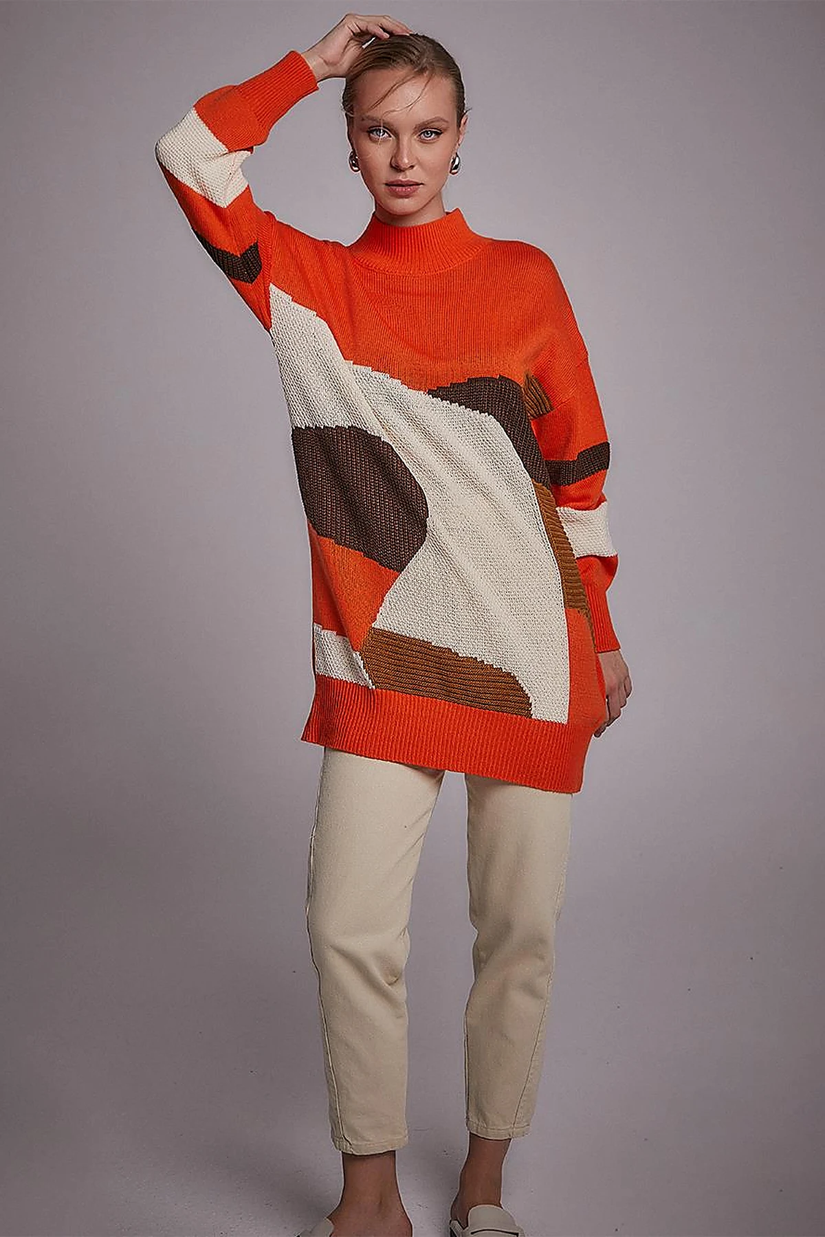 Exclusive Soyut Desenli Triko Tunik Turuncu