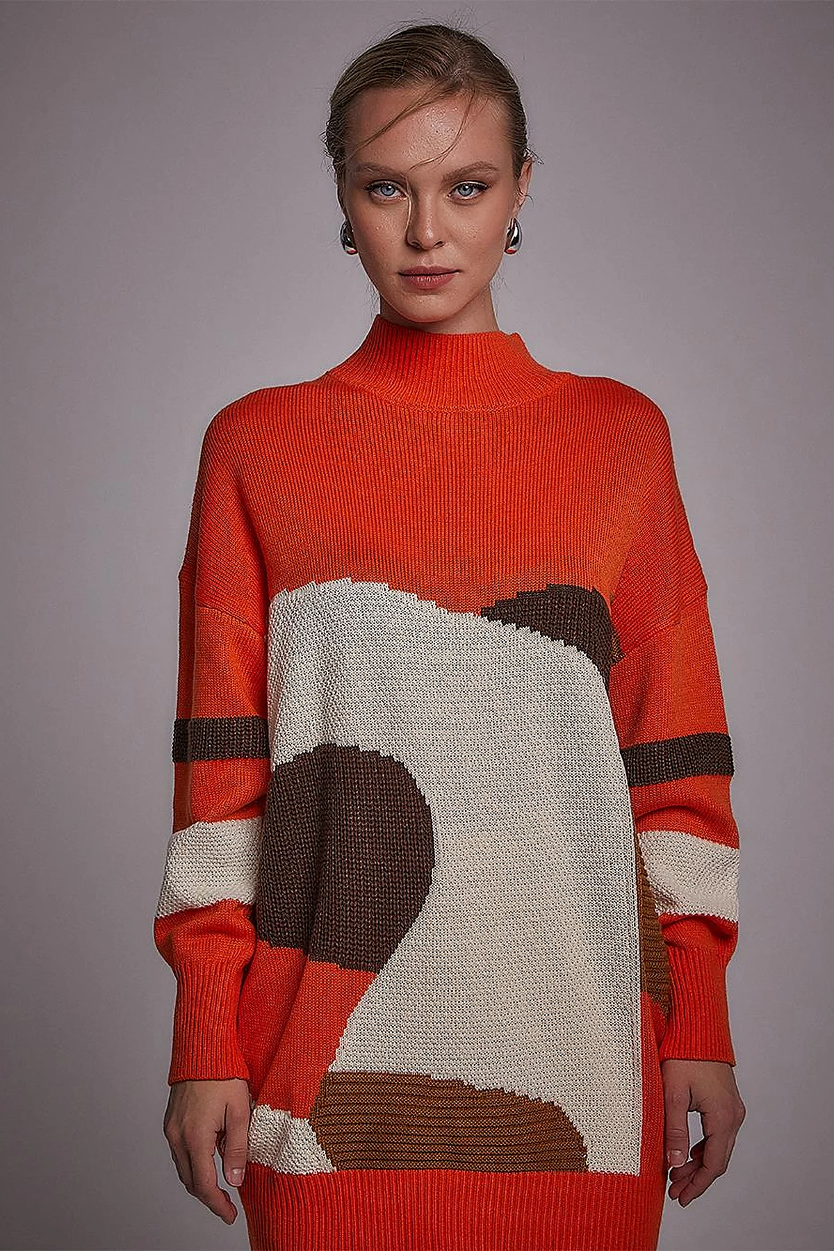 Exclusive Soyut Desenli Triko Tunik Turuncu