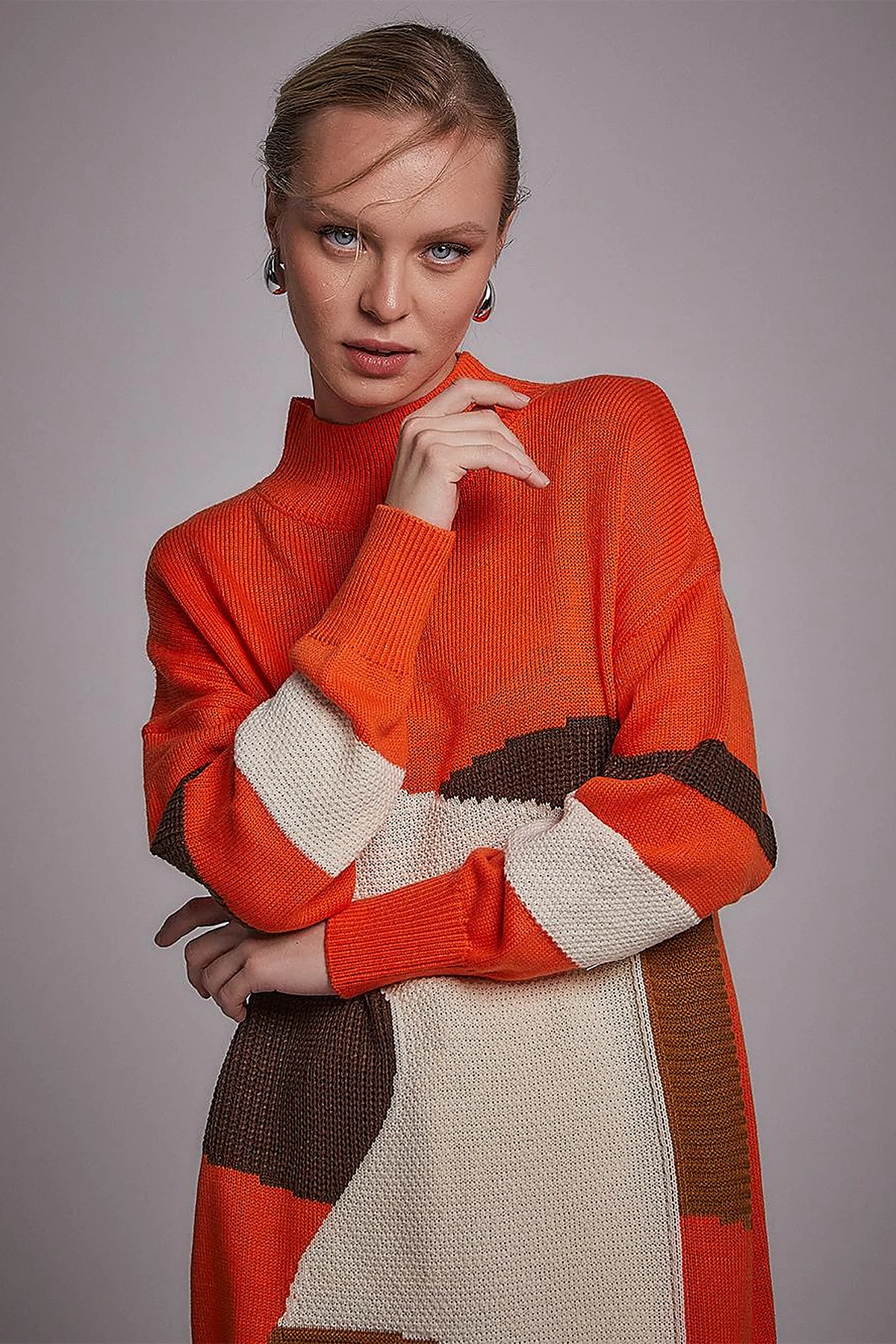 Exclusive Soyut Desenli Triko Tunik Turuncu
