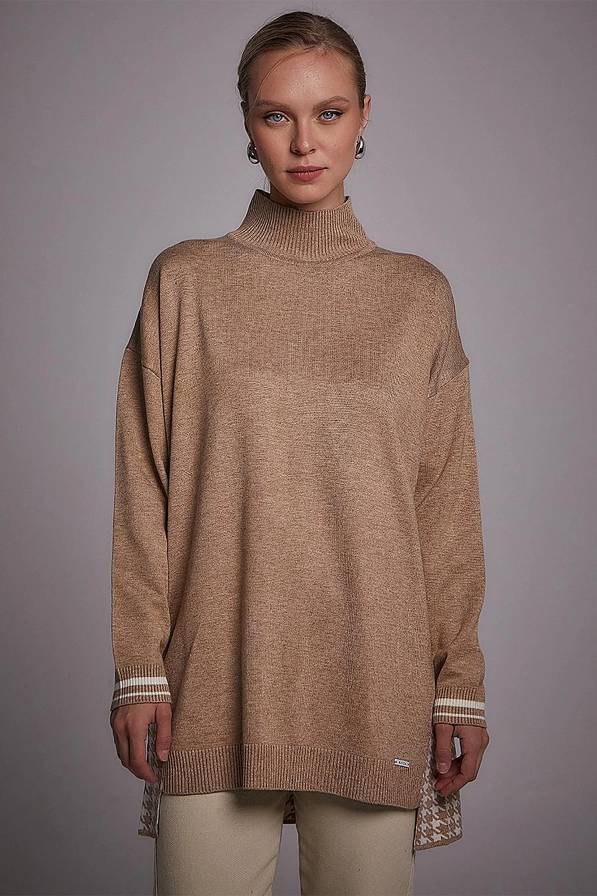 Houndstooth Patterned Knitwear Tunic Beige
