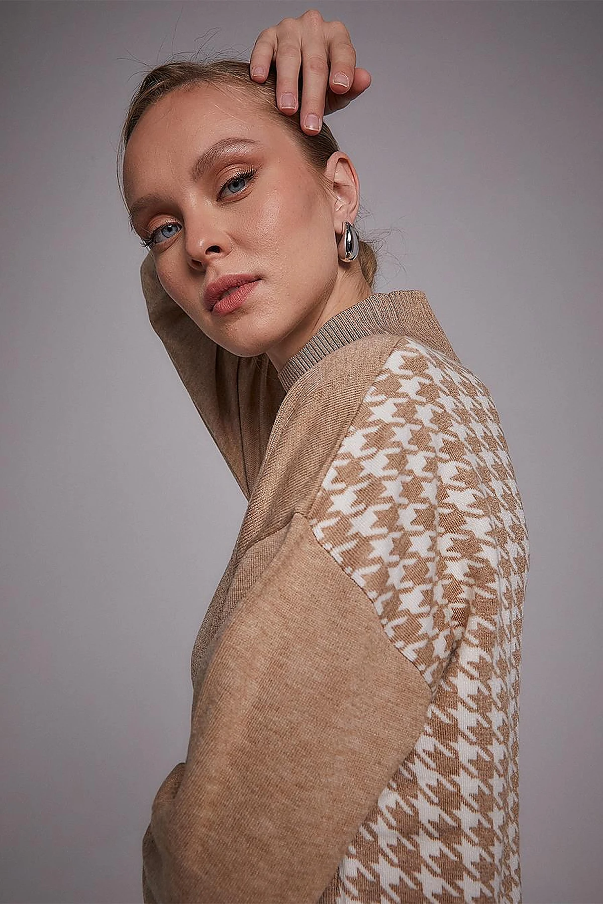 Houndstooth Patterned Knitwear Tunic Beige