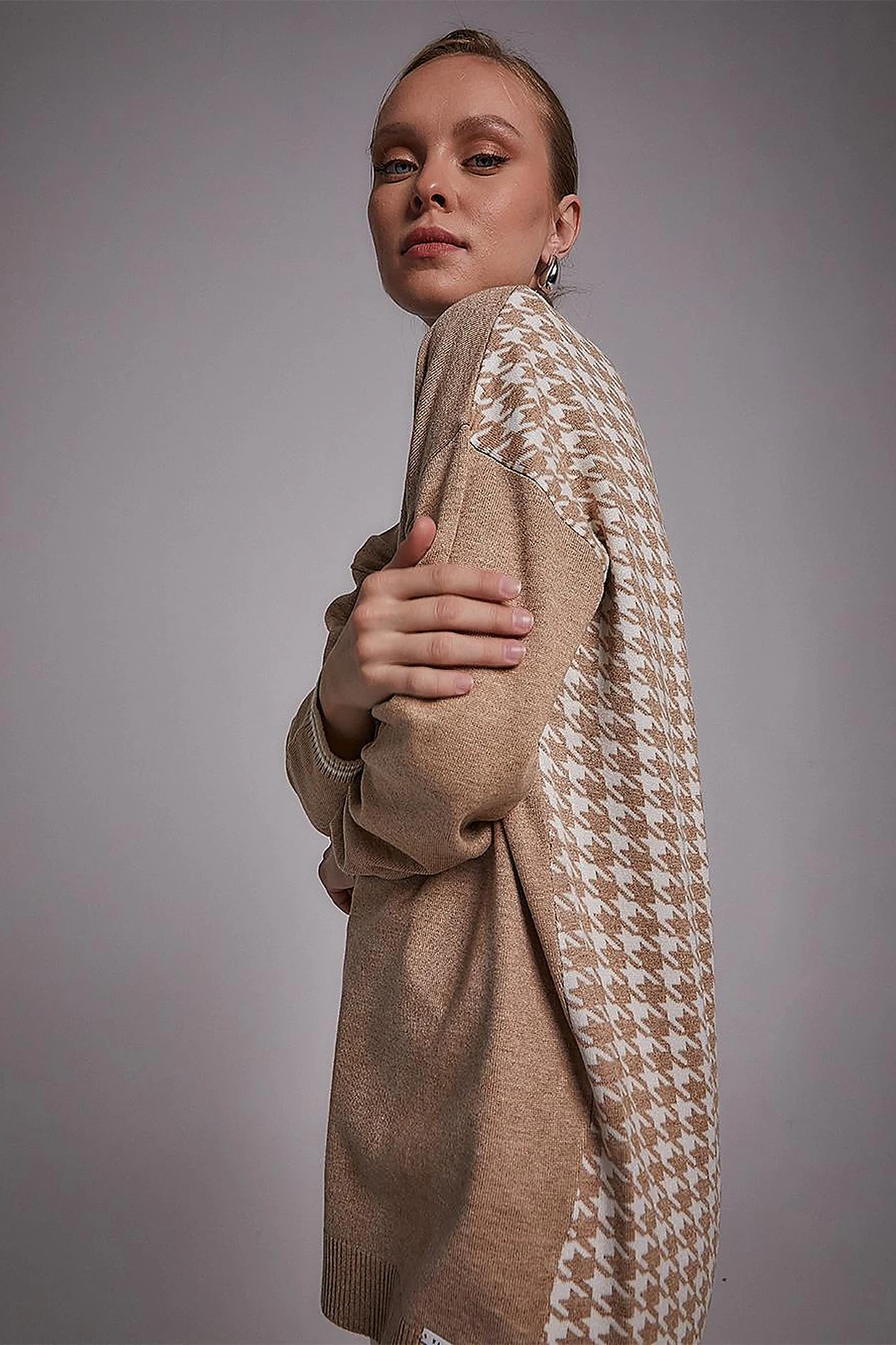 Houndstooth Patterned Knitwear Tunic Beige