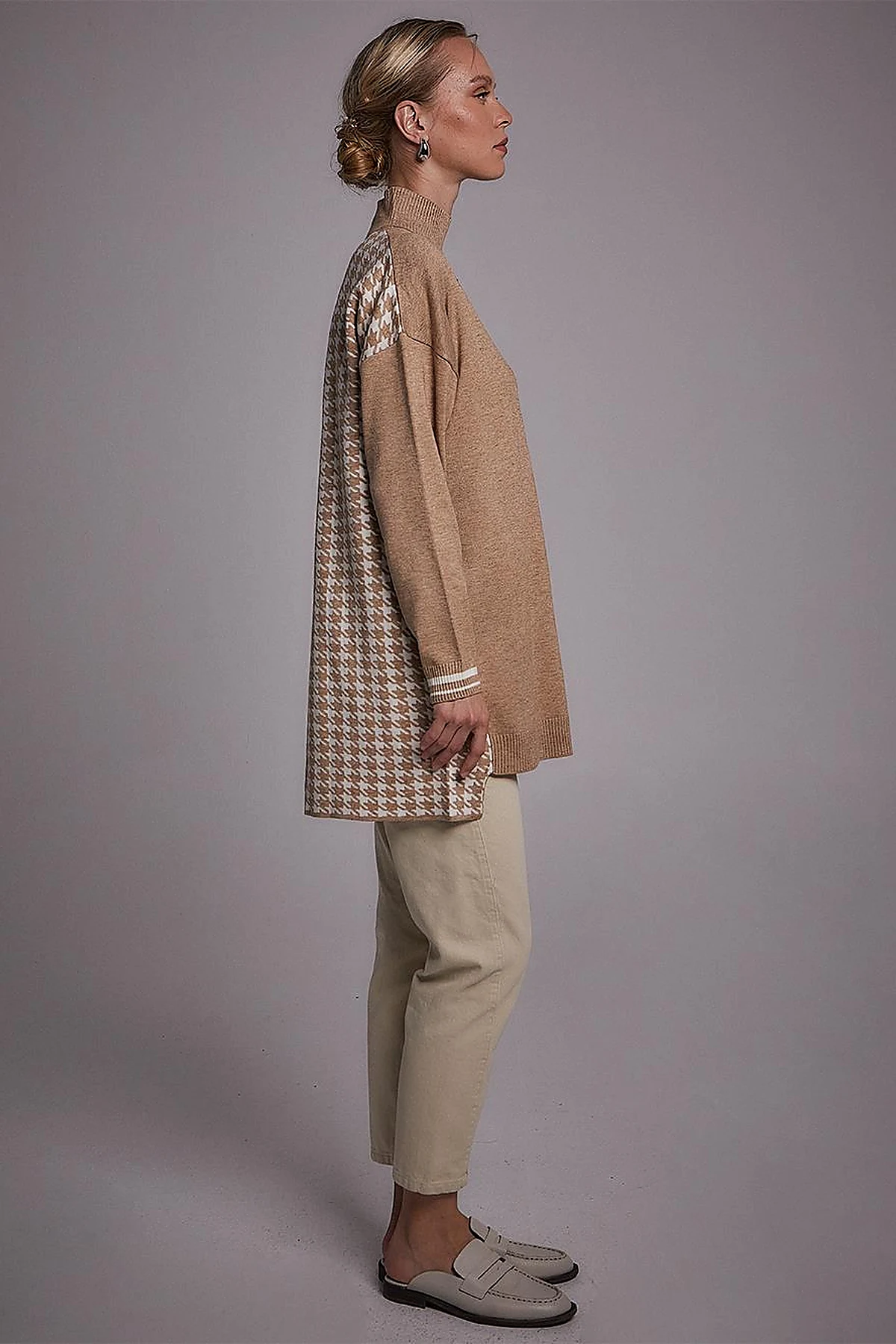 Houndstooth Patterned Knitwear Tunic Beige