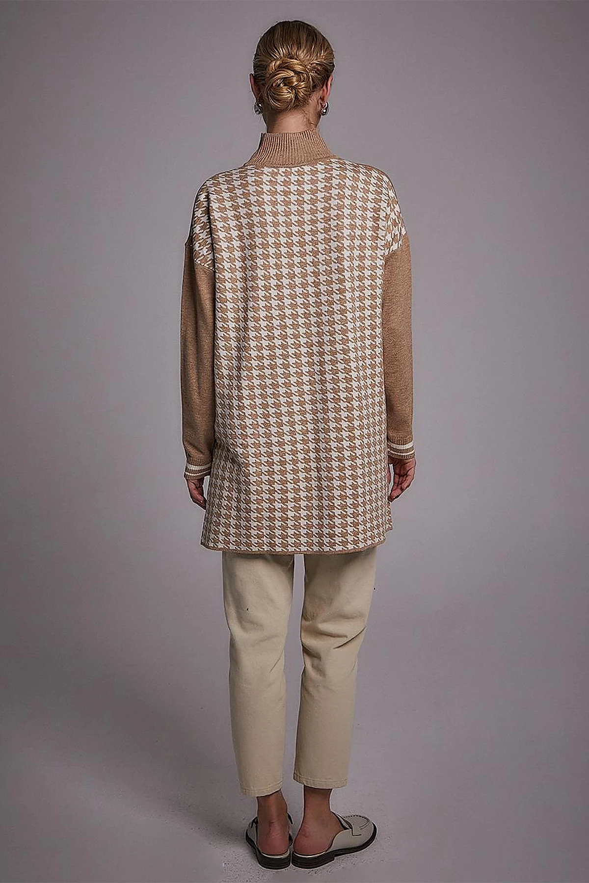 Houndstooth Patterned Knitwear Tunic Beige