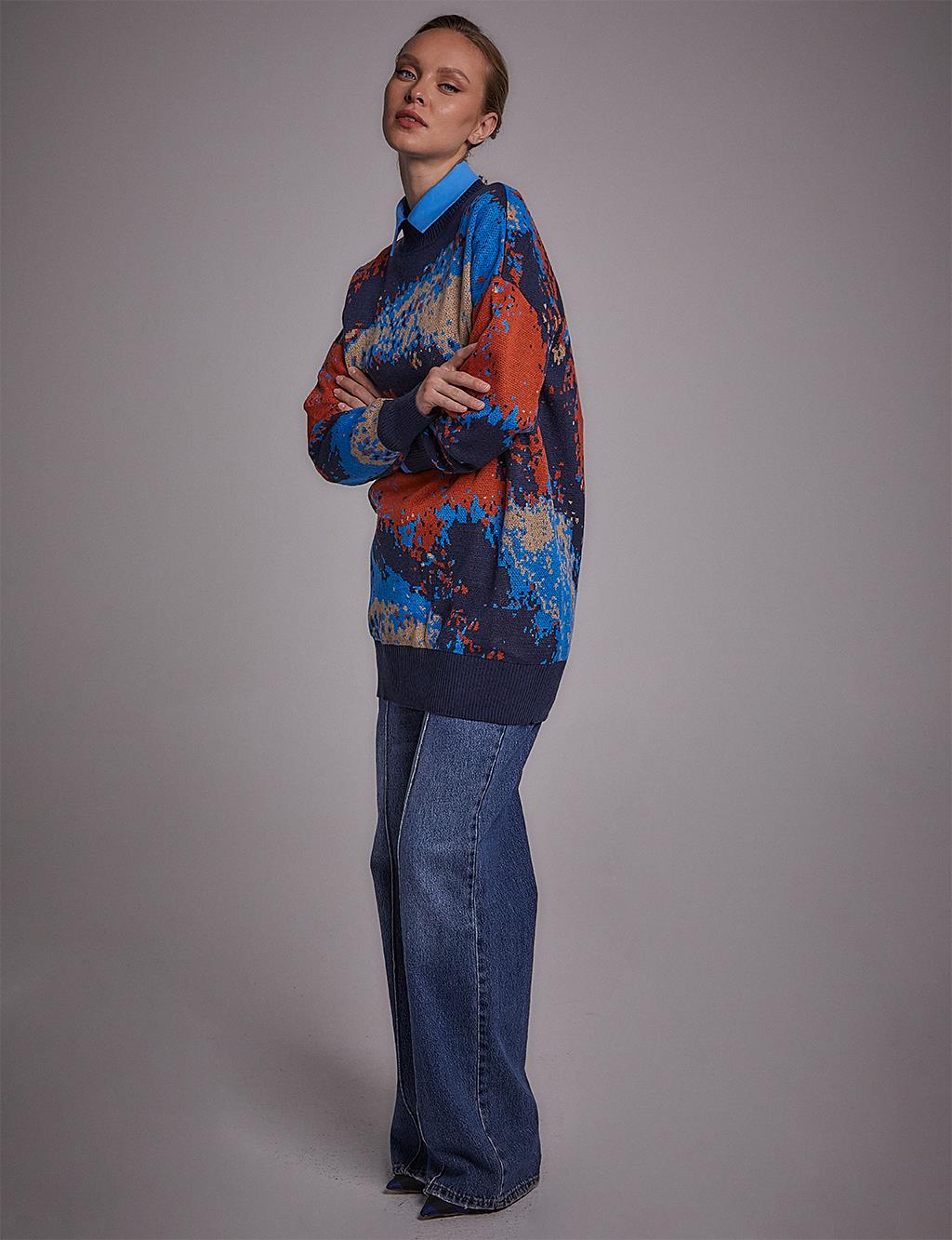 Exclusive Abstract Pattern Knitwear Tunic Navy