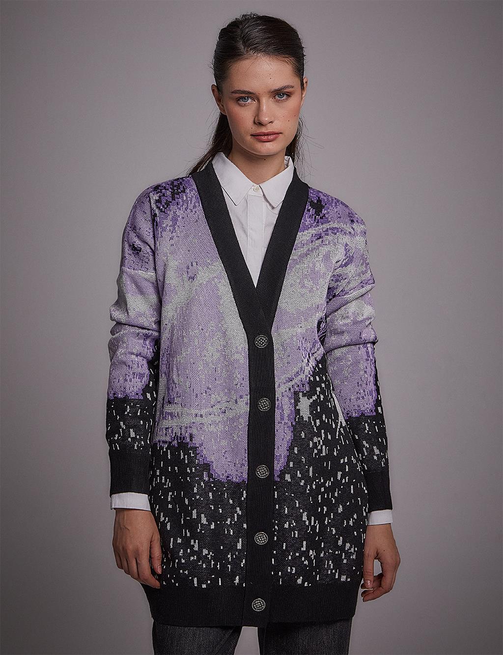 Exclusive Abstract Patterned Knitwear Cardigan Lilac