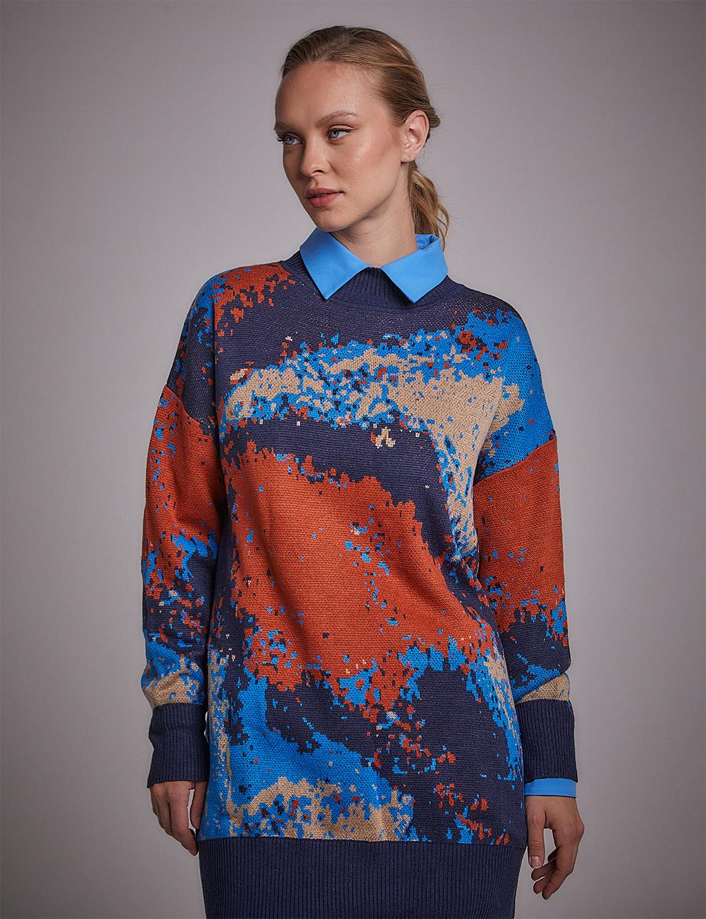 Exclusive Abstract Pattern Knitwear Tunic Navy