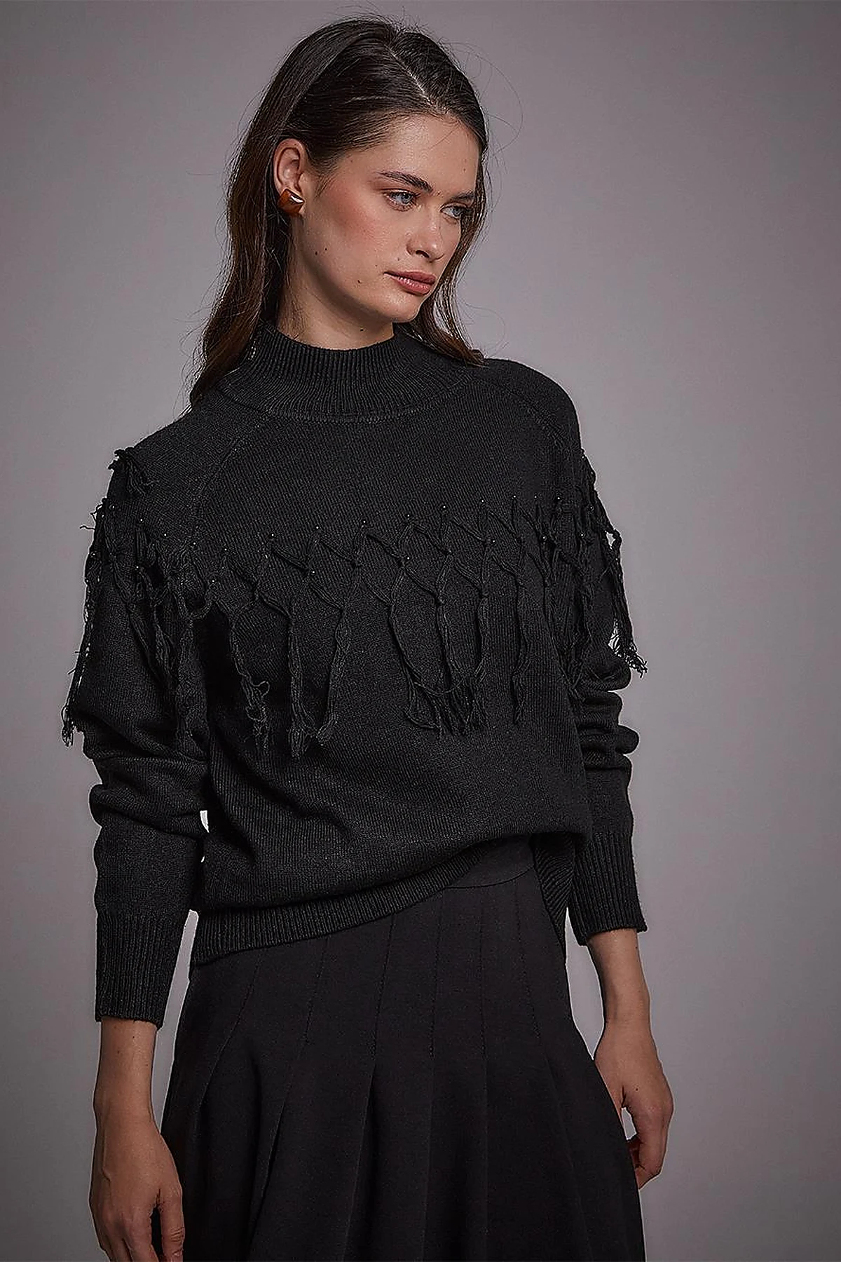 Exclusive Tasseled Knitwear Tunic Black