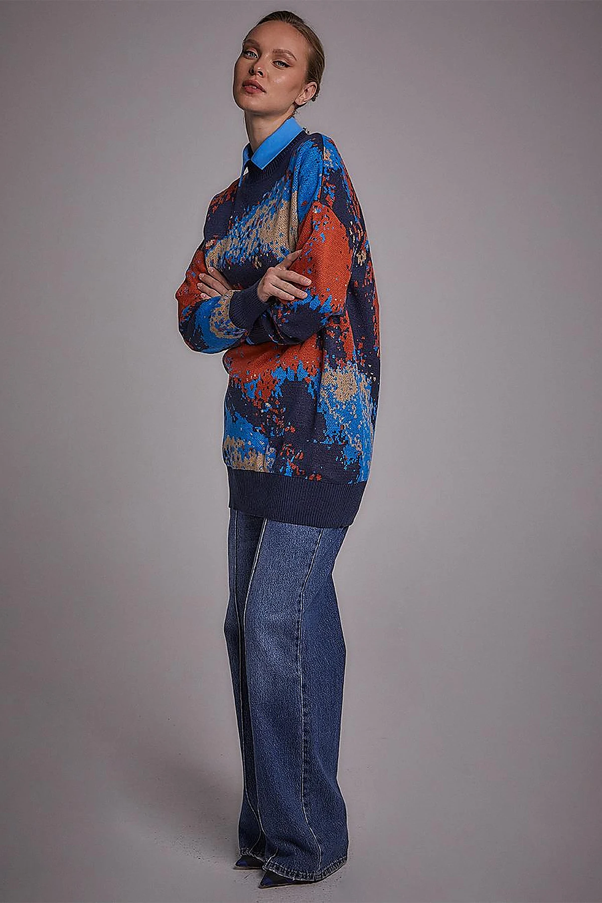 Exclusive Soyut Desen Triko Tunik Lacivert