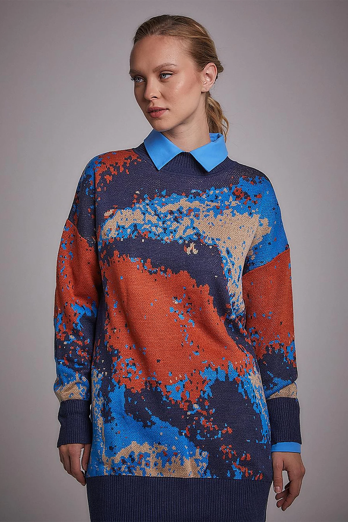 Exclusive Soyut Desen Triko Tunik Lacivert