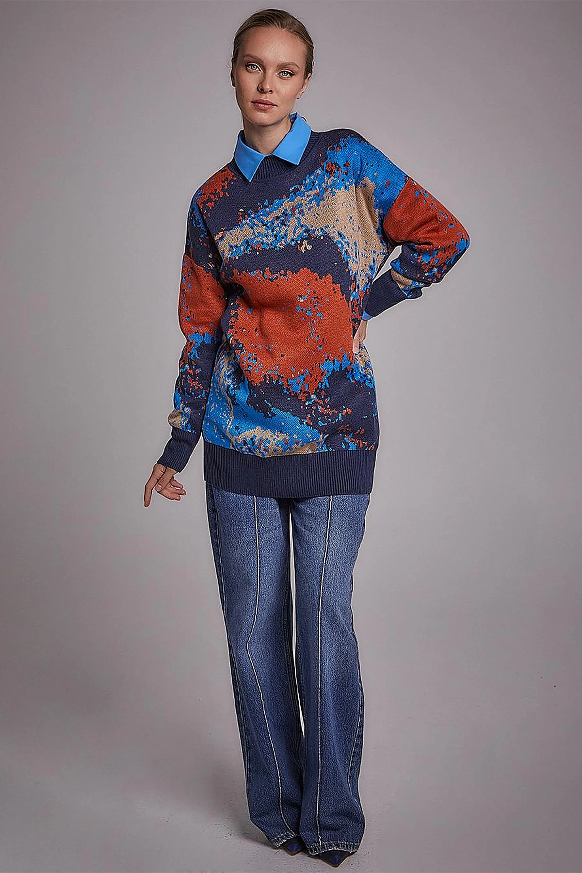 Exclusive Soyut Desen Triko Tunik Lacivert