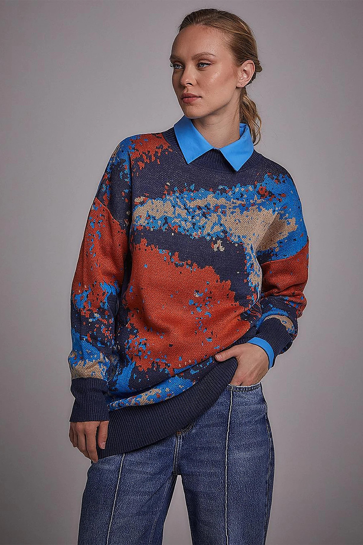 Exclusive Soyut Desen Triko Tunik Lacivert