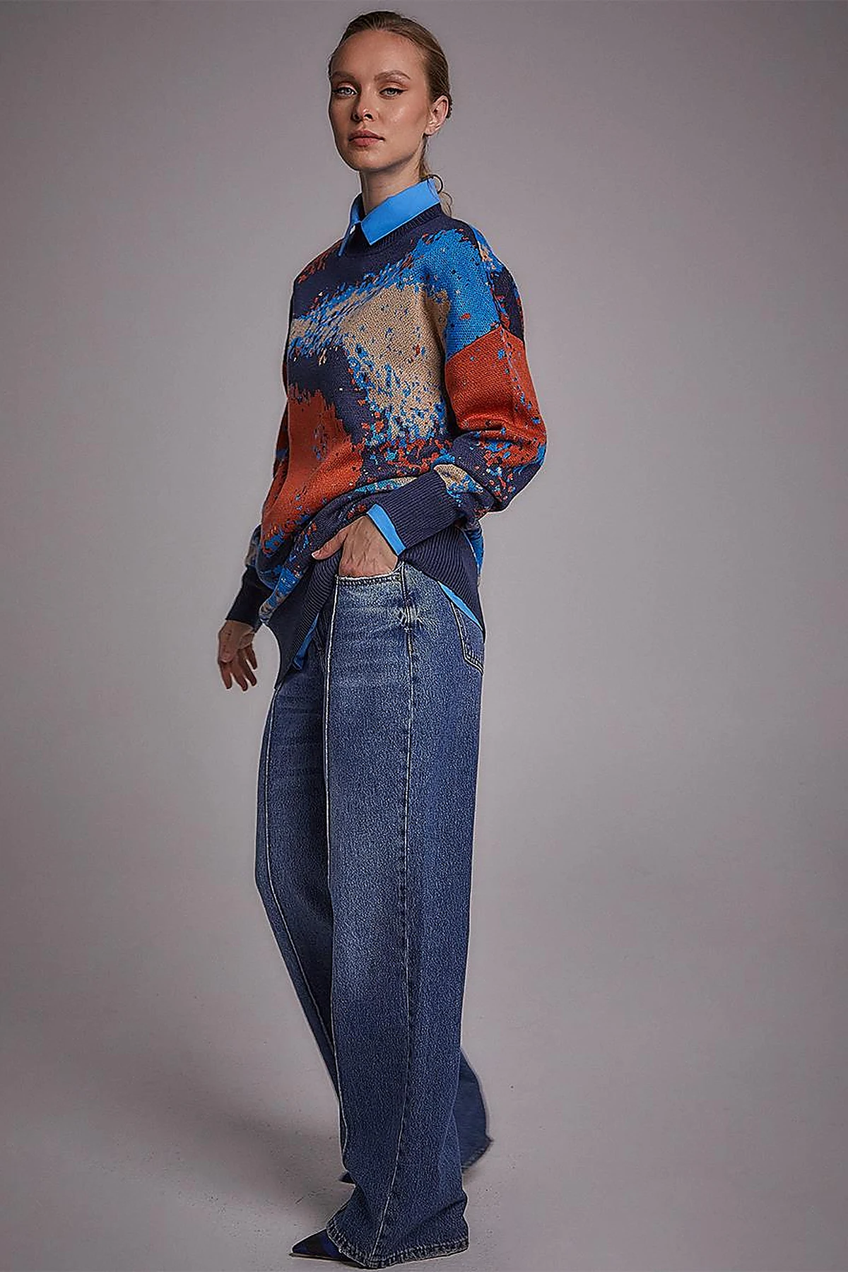 Exclusive Soyut Desen Triko Tunik Lacivert