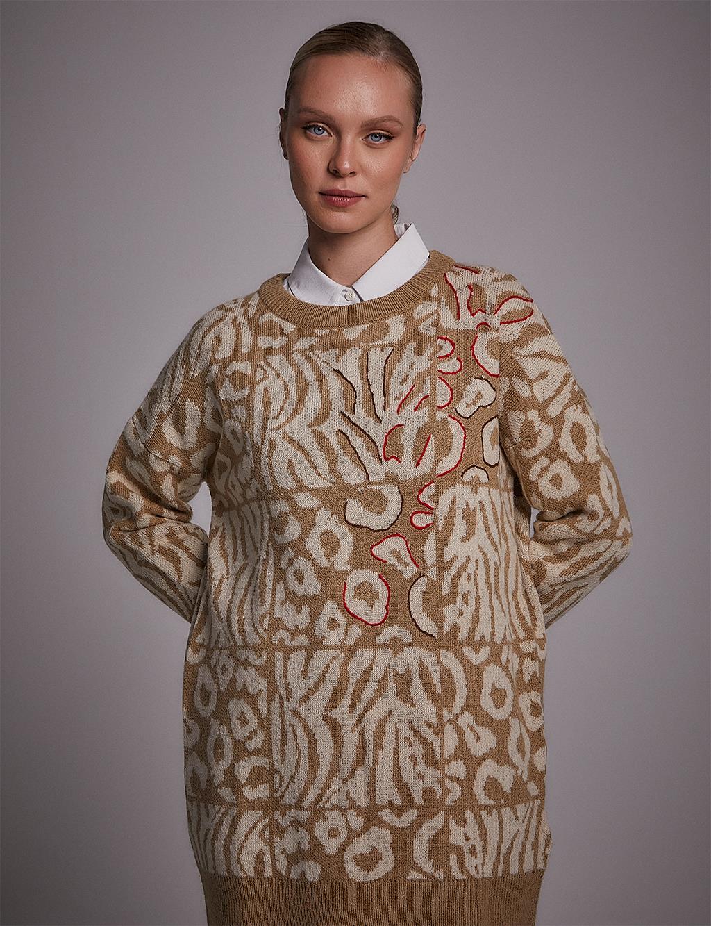 Exclusive Abstract Patterned Knitwear Tunic Beige-Ecru