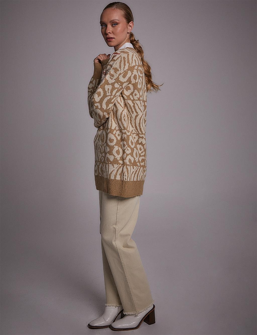 Exclusive Abstract Patterned Knitwear Tunic Beige-Ecru