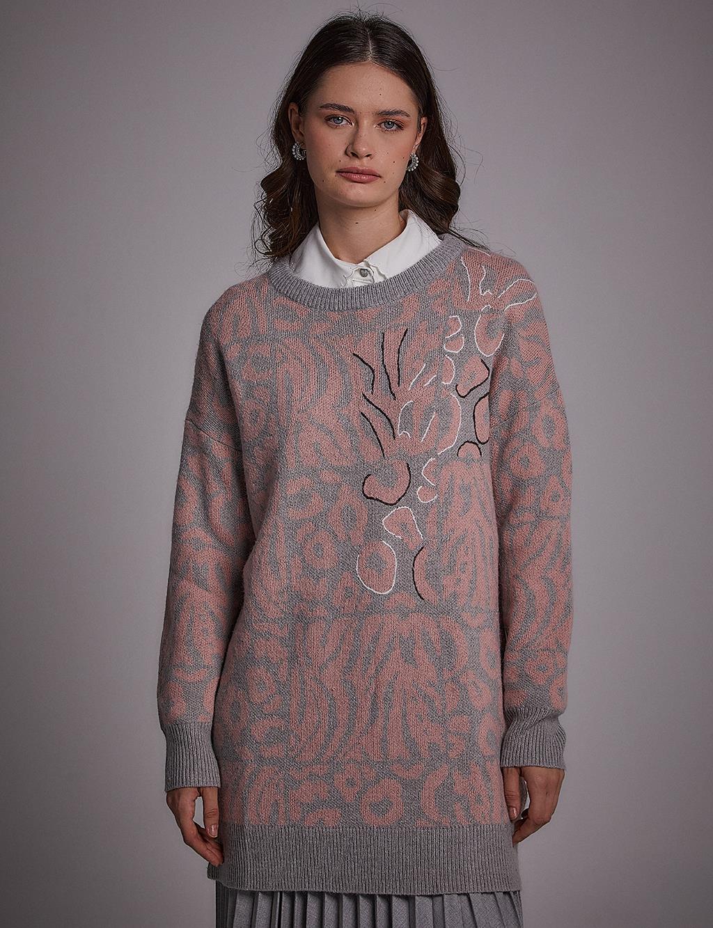  Exclusive Abstract Patterned Knitwear Tunic Grey-Pink