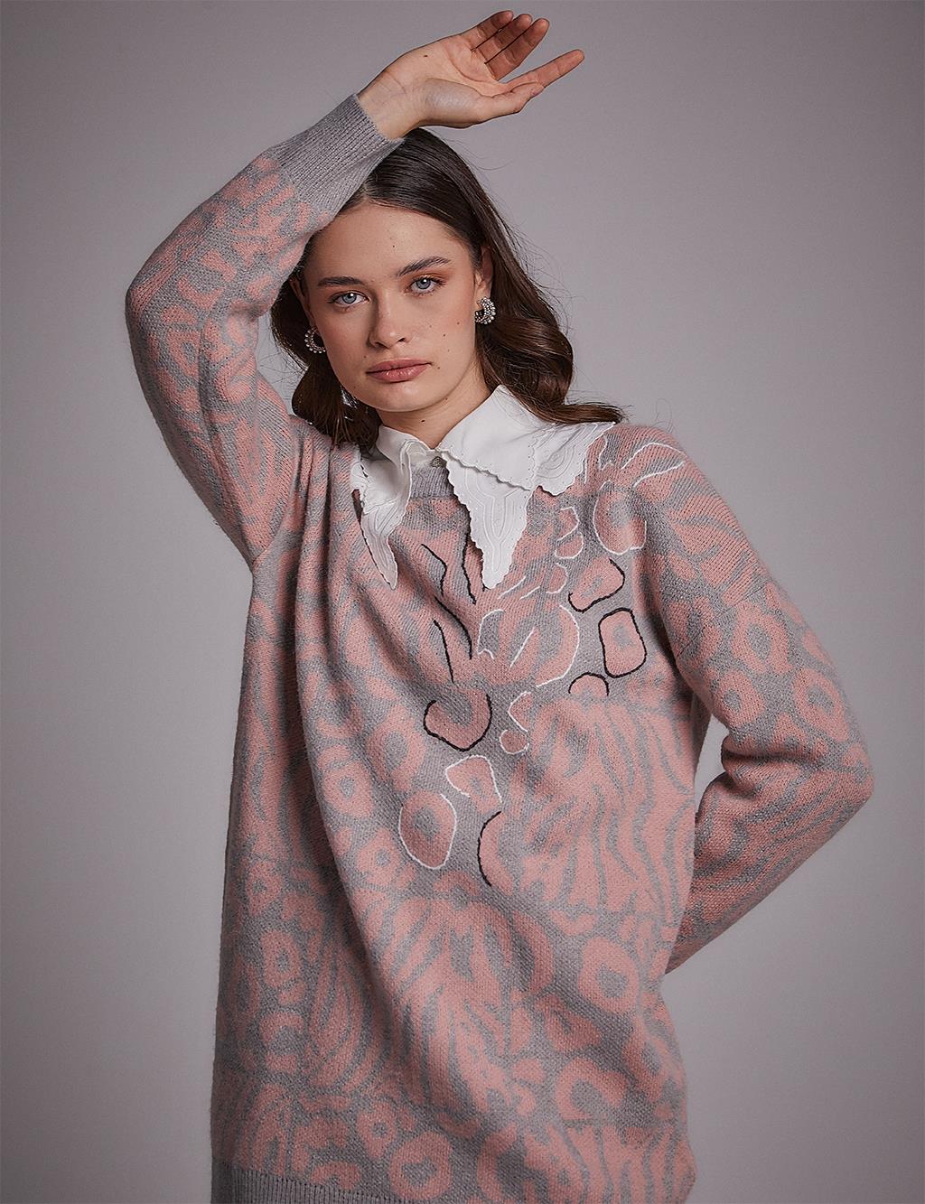  Exclusive Abstract Patterned Knitwear Tunic Grey-Pink