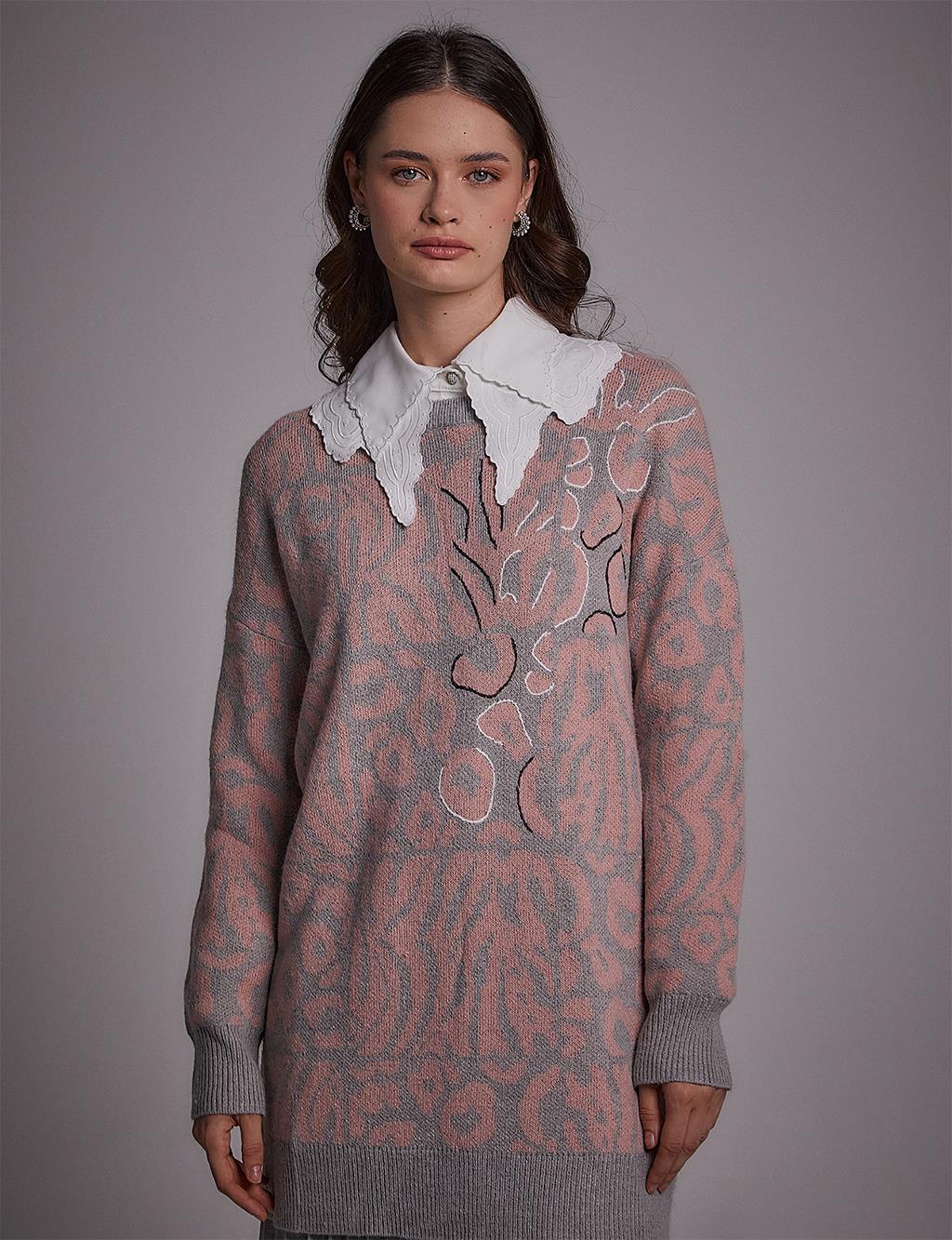  Exclusive Abstract Patterned Knitwear Tunic Grey-Pink