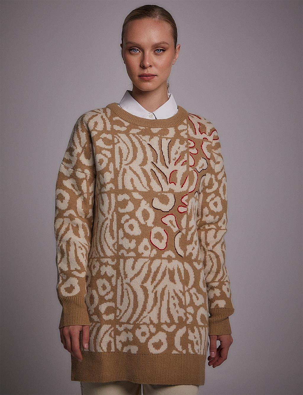 Exclusive Abstract Patterned Knitwear Tunic Beige-Ecru