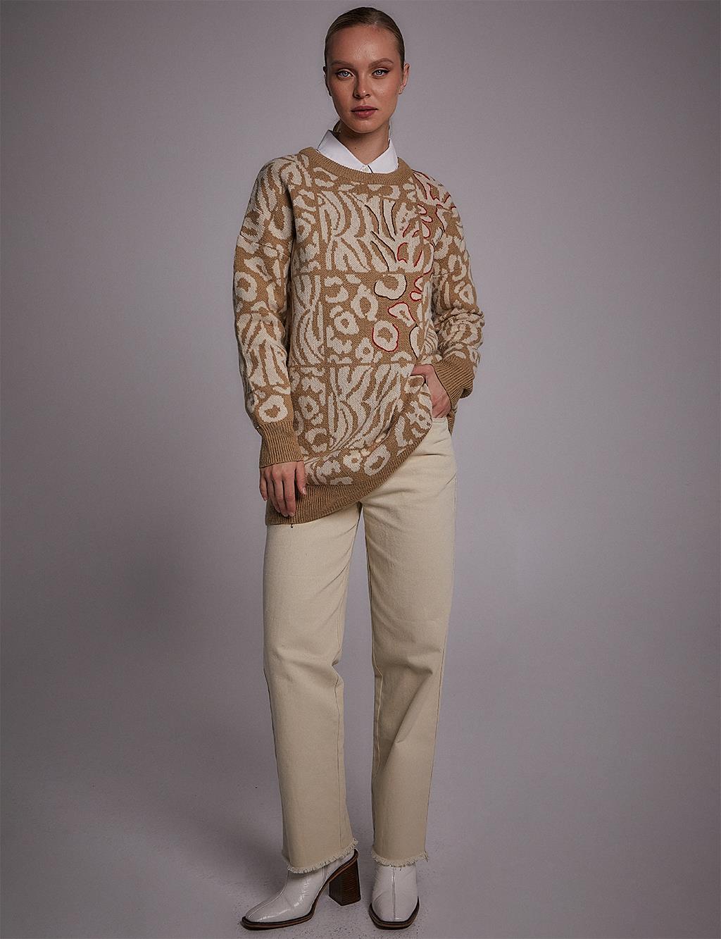 Exclusive Abstract Patterned Knitwear Tunic Beige-Ecru