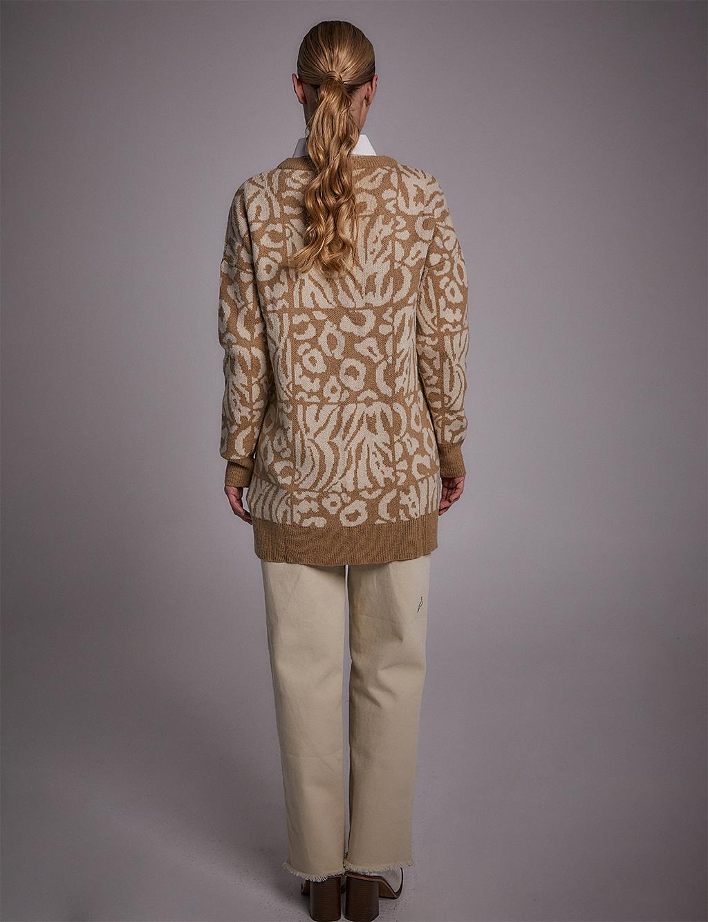 Exclusive Abstract Patterned Knitwear Tunic Beige-Ecru