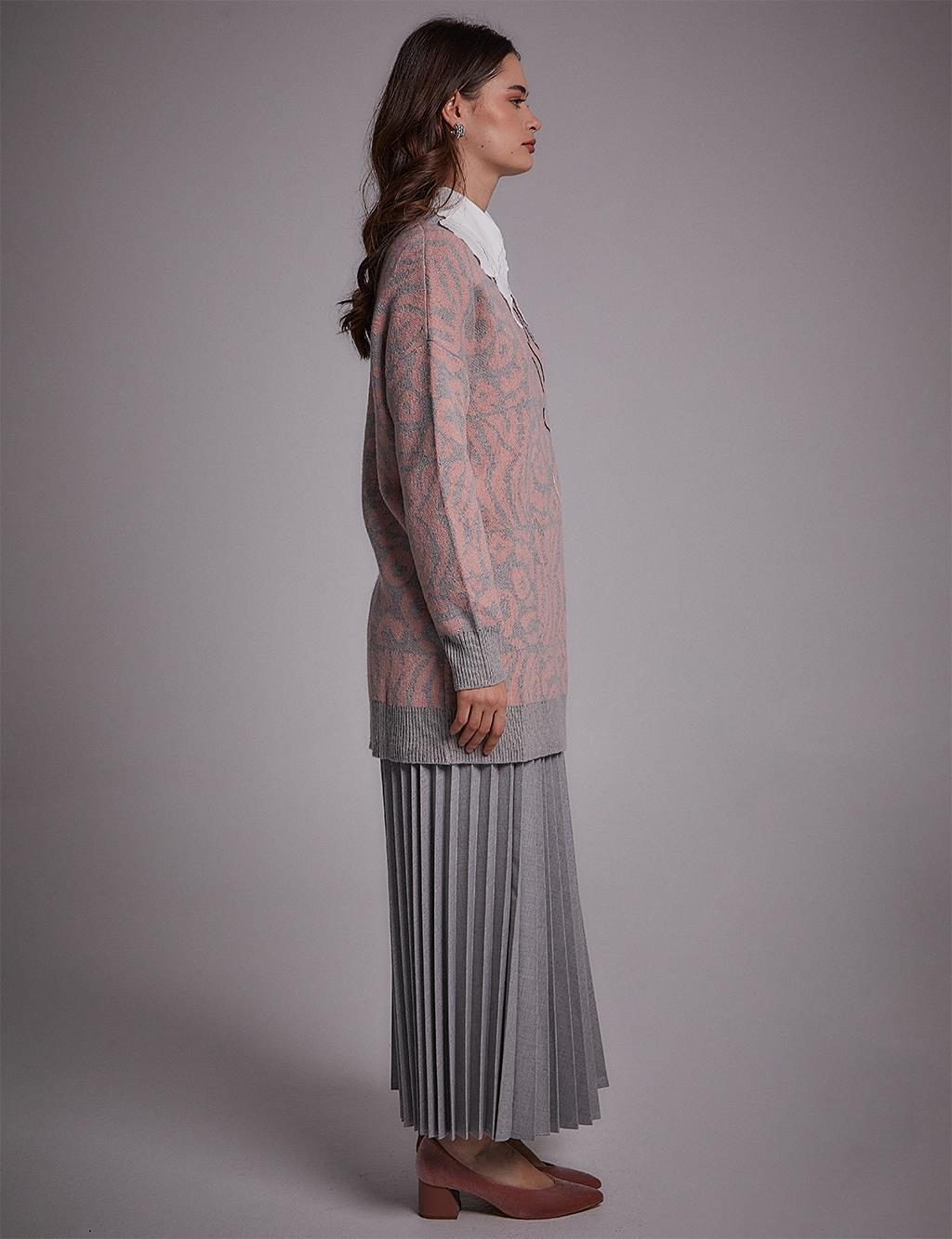  Exclusive Abstract Patterned Knitwear Tunic Grey-Pink