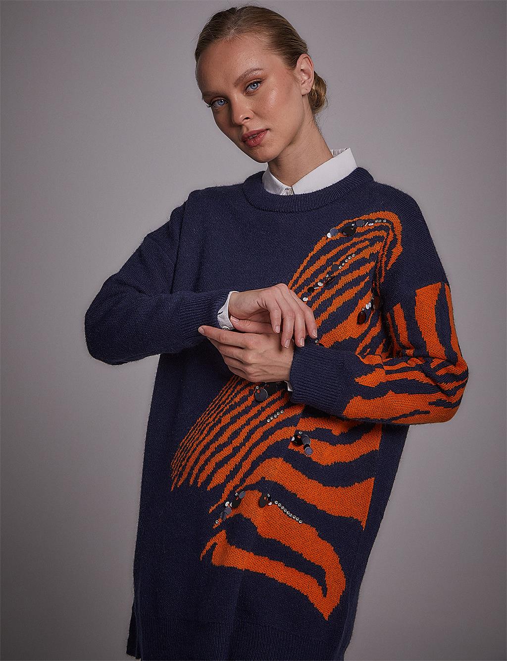 Exclusive Animal Print Knitwear Tunic Navy-Orange