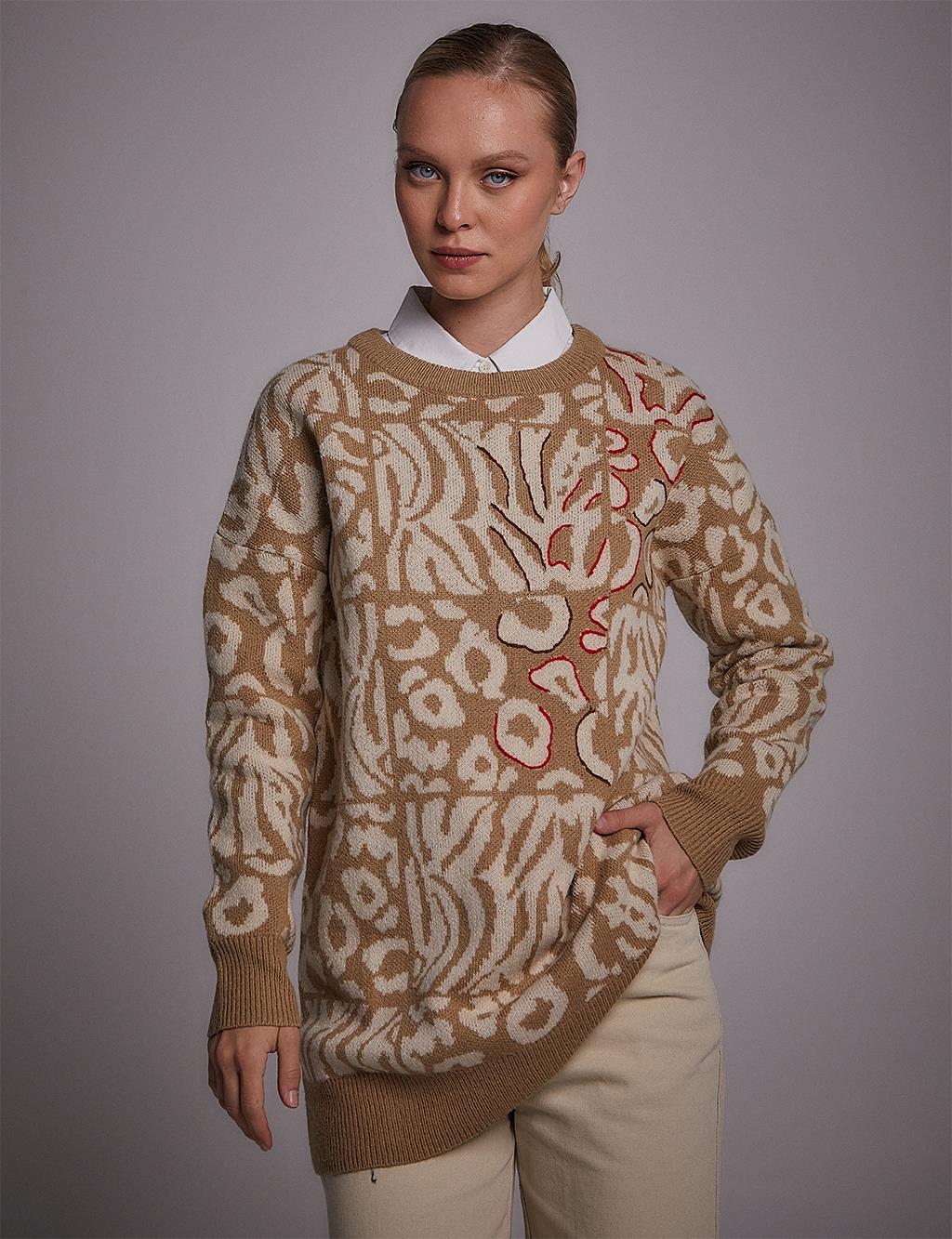 Exclusive Abstract Patterned Knitwear Tunic Beige-Ecru