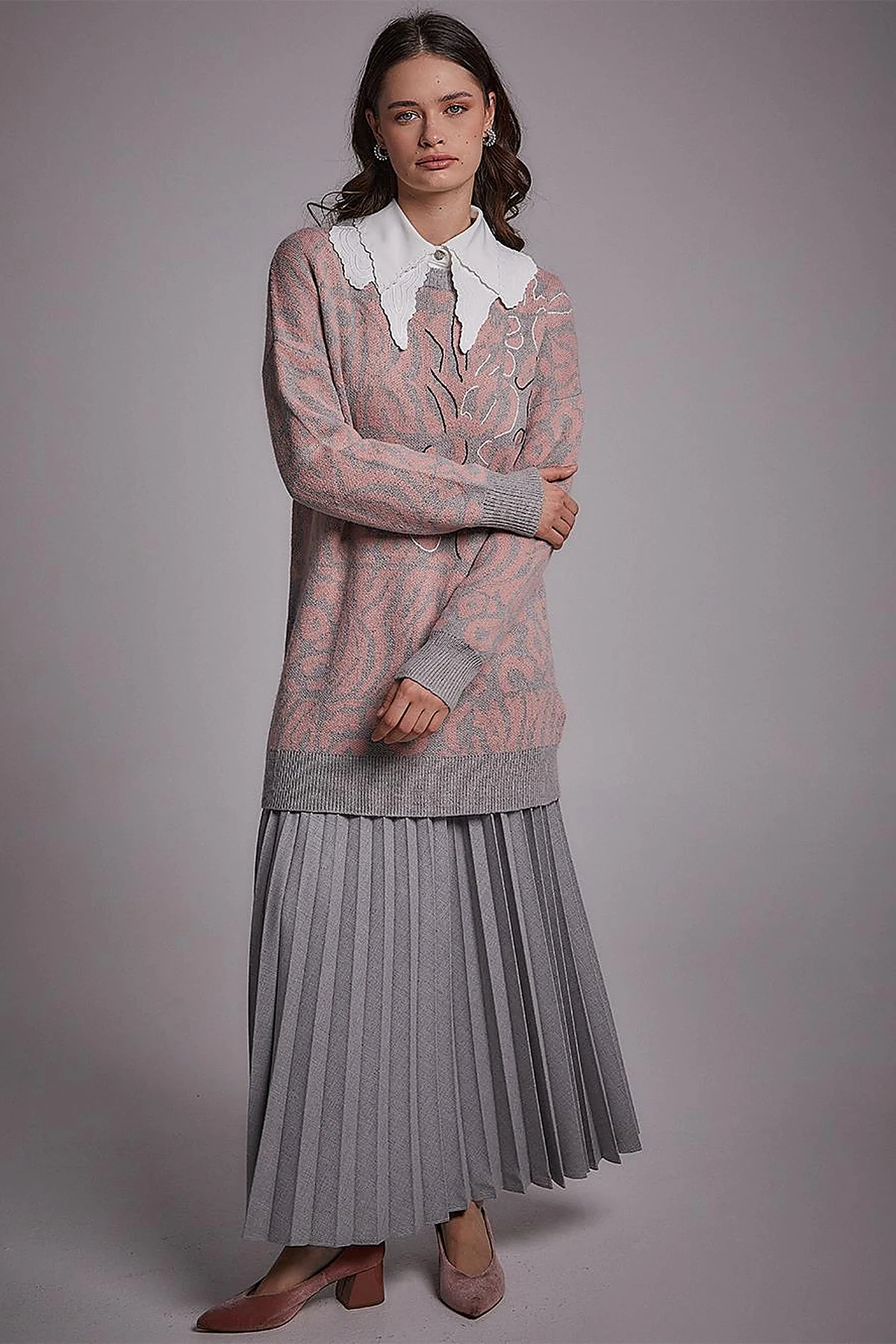  Exclusive Soyut Desenli Triko Tunik Gri-Pembe